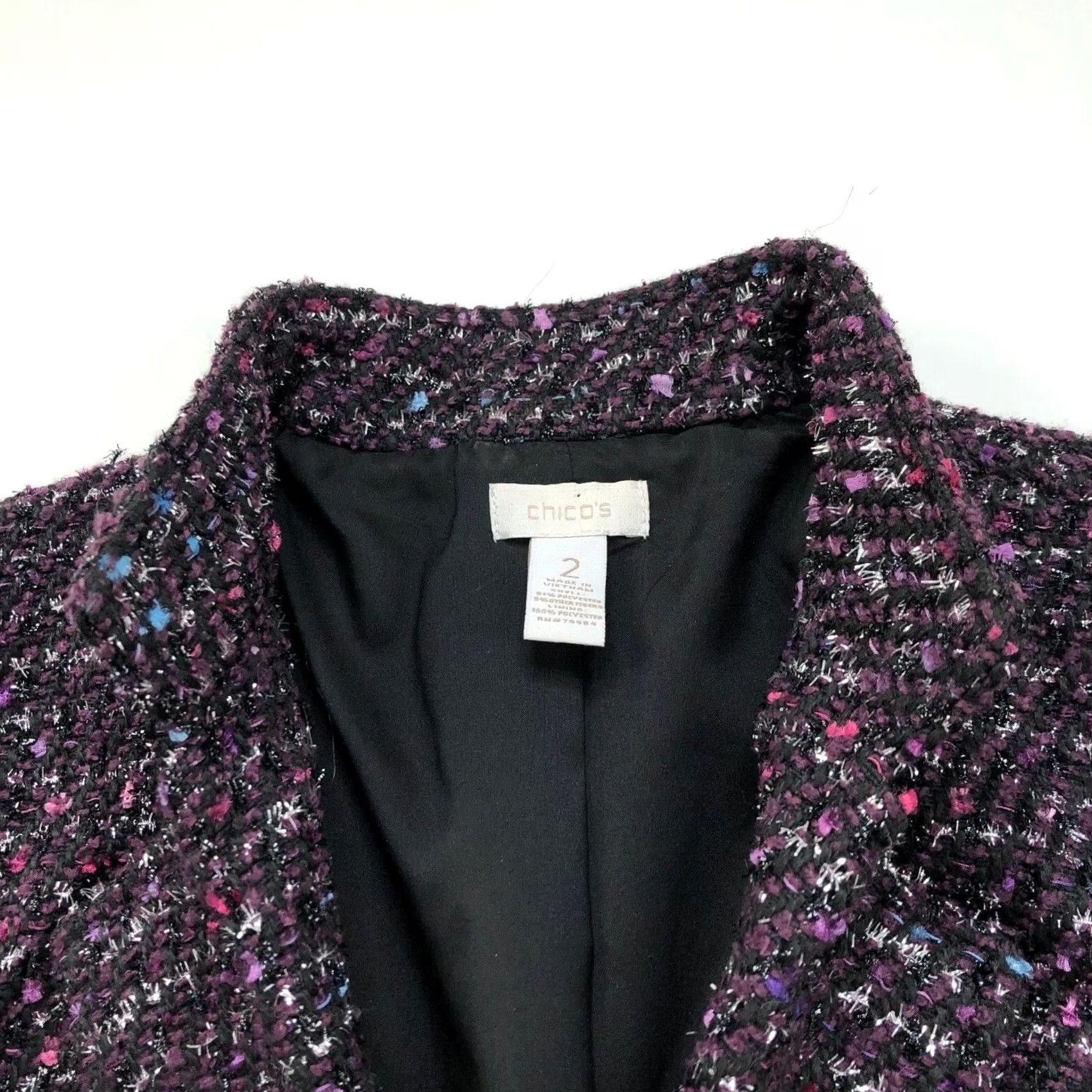 Vintage Chico's Purple Tweed Open Front Womens Jacket Blazer Style Wool Polyester Blend Mid-Length Button Closure Size XS / US 0-2 / IT 36-38 - 3 Thumbnail