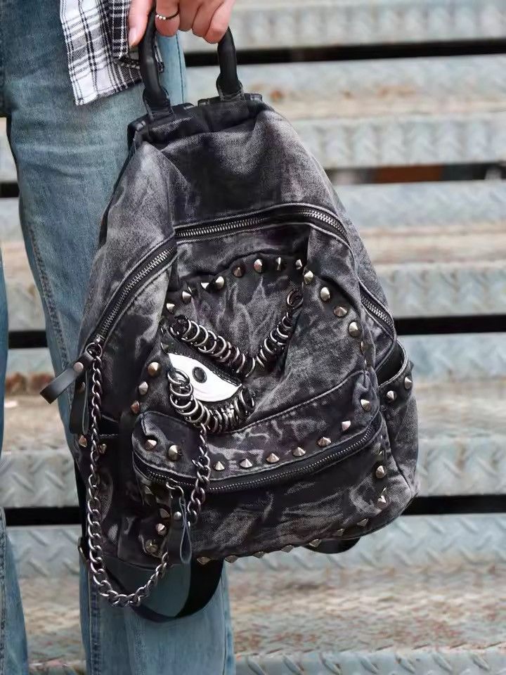 Other Washed Gothic Punk Unisex Denim Capacity Backpack Size ONE SIZE - 2 Thumbnail