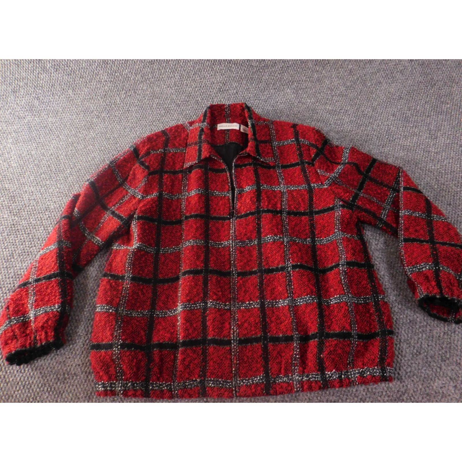 Vintage Alfred Dunner Jacket 14 Red Womens Plaid Zip Fuzzy Designer - Basic Jacket, Lightweight, Long Sleeve, Mid-Length, polyester, Dry Clean Only Size XL / US 12-14 / IT 48-50 - 2 Thumbnail