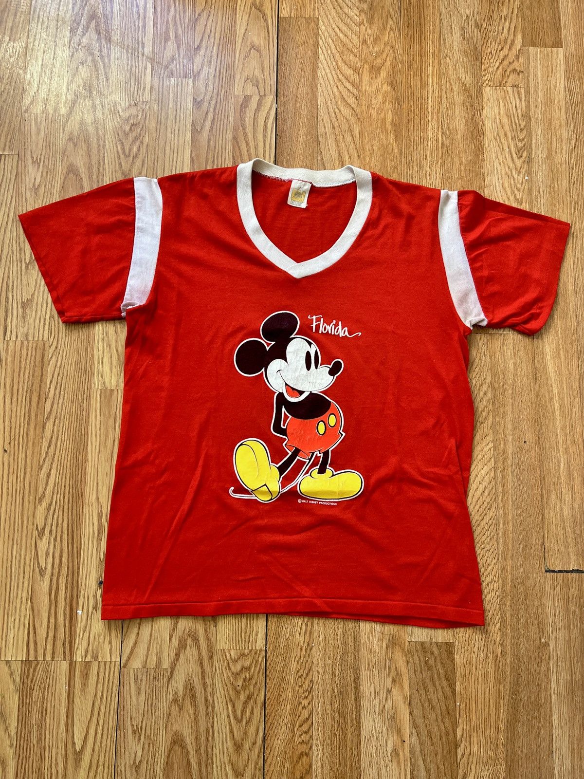 image of Fruit Of The Loom Vintage Mickey Florida V Neck Sport Style Tshirt Top Tee in Red (Size Large)