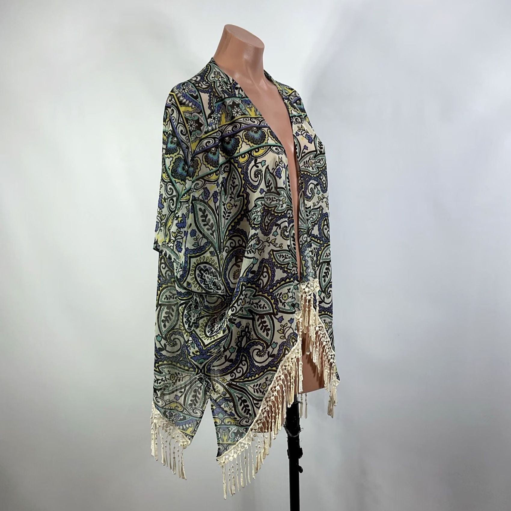 Vintage VINTAGE BECCA fringe trim swim cover up kaftan blue Paisley Floral XS Women Cover Up Fringe XS Blue Paisley Floral Size ONE SIZE - 4 Thumbnail