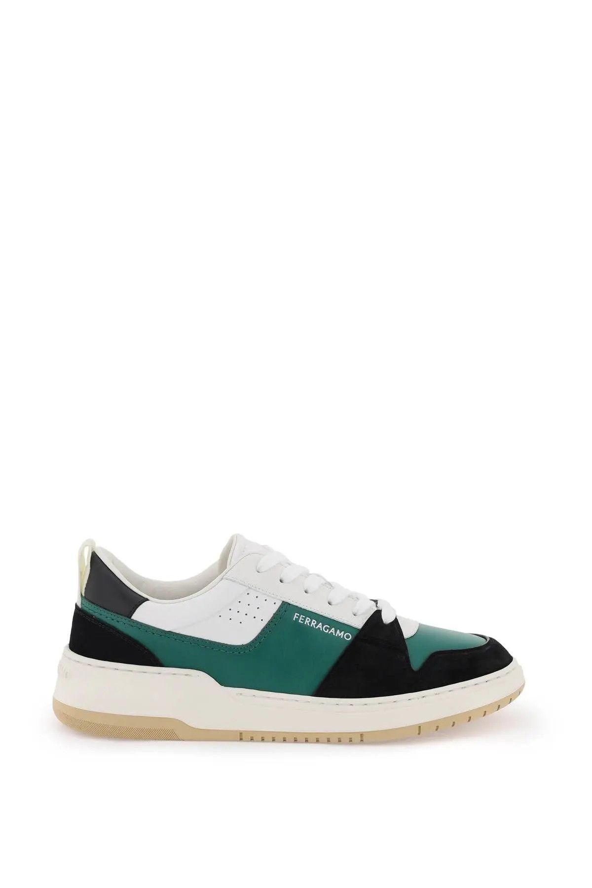 image of Salvatore Ferragamo O1S22I1N0224 Smooth & Suede Leather Sneakers in White/Green/Black (Size 9)