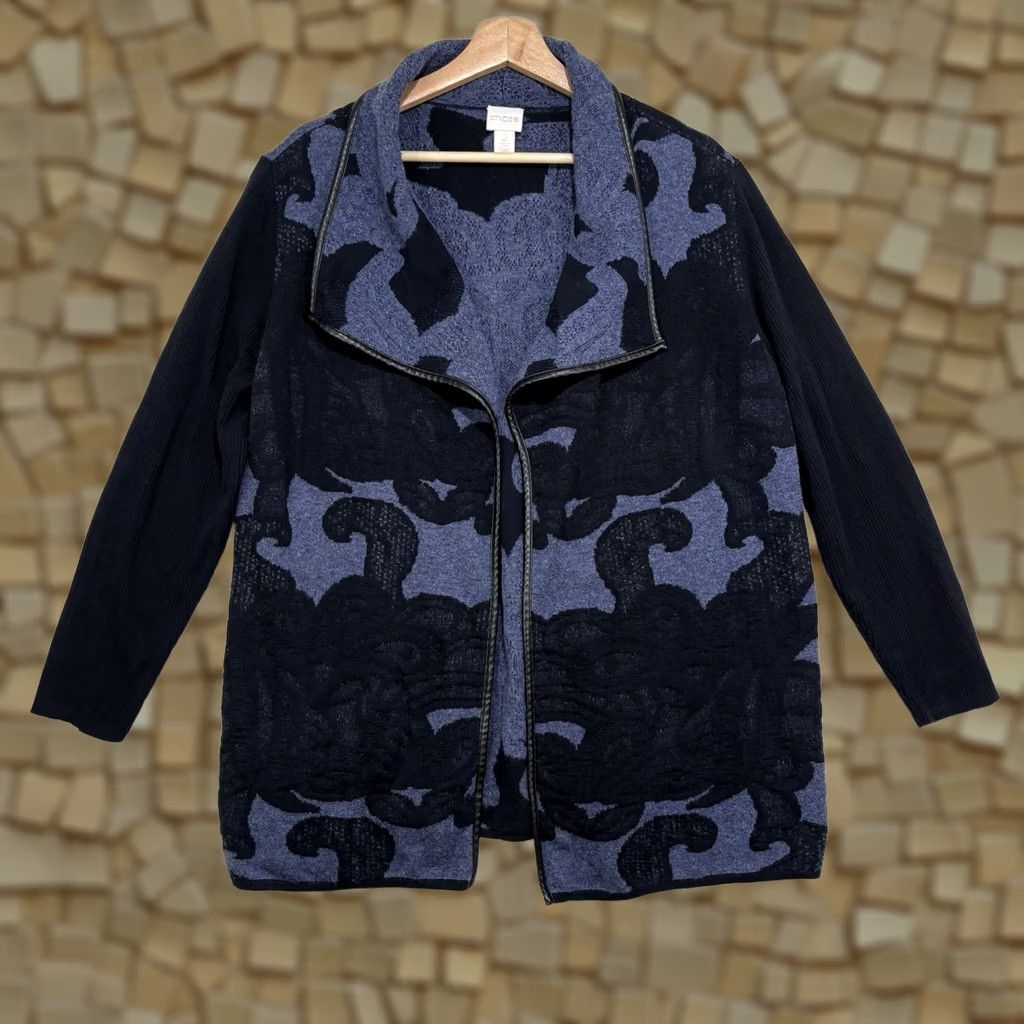Vintage Chicos Blue Black Wool Blend Jacquard Open Front Topper Jacket Cardigan Size L Womens Blue Wool Blend Jacquard Open Front Topper Jacket Size L / US 10 / IT 46 - 1 Thumbnail
