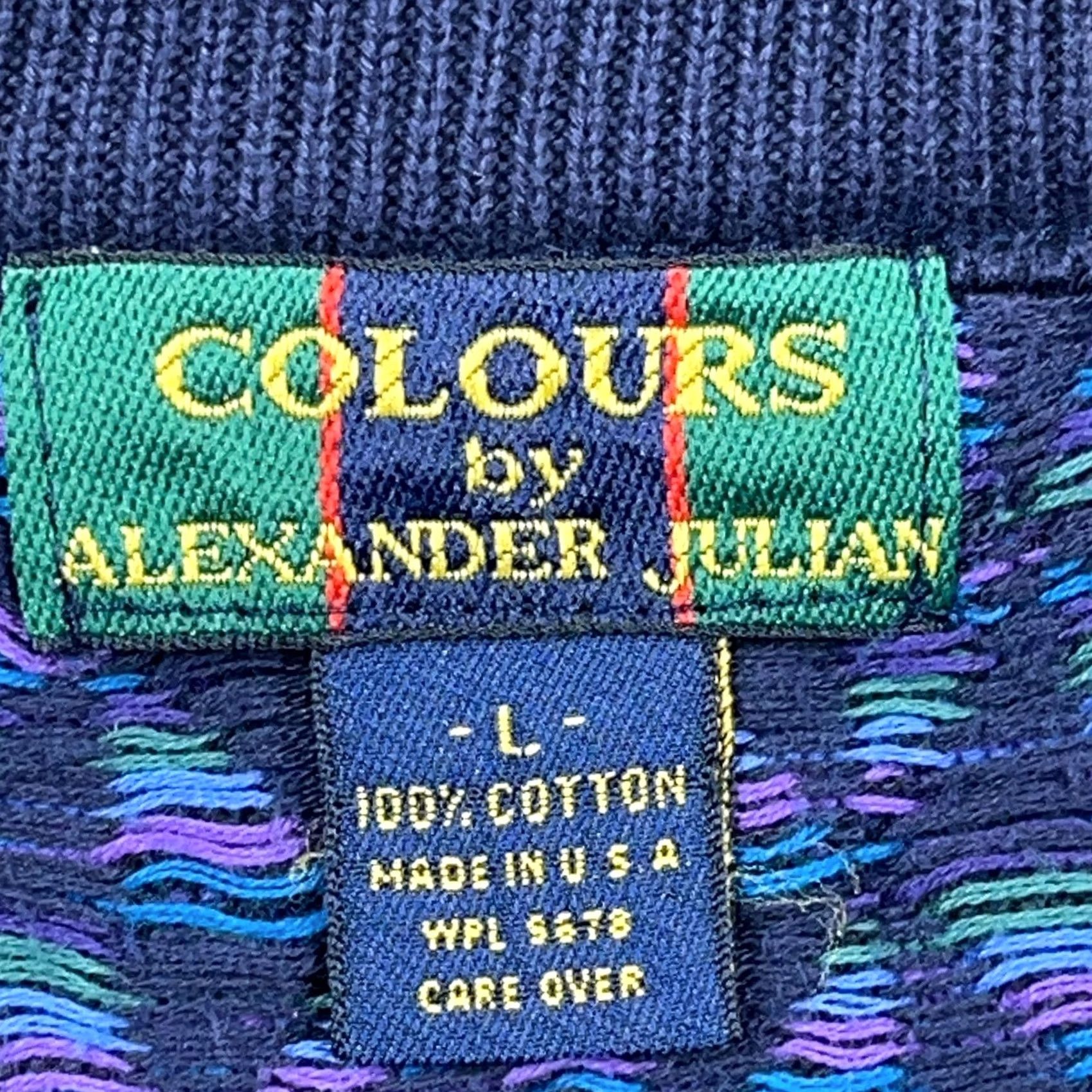 Alexander Julian VINTAGE Grandpa Sweater Large Blue Geometric Crewneck Cotton 90s USA Made Men Size US L / EU 52-54 / 3 - 4 Thumbnail