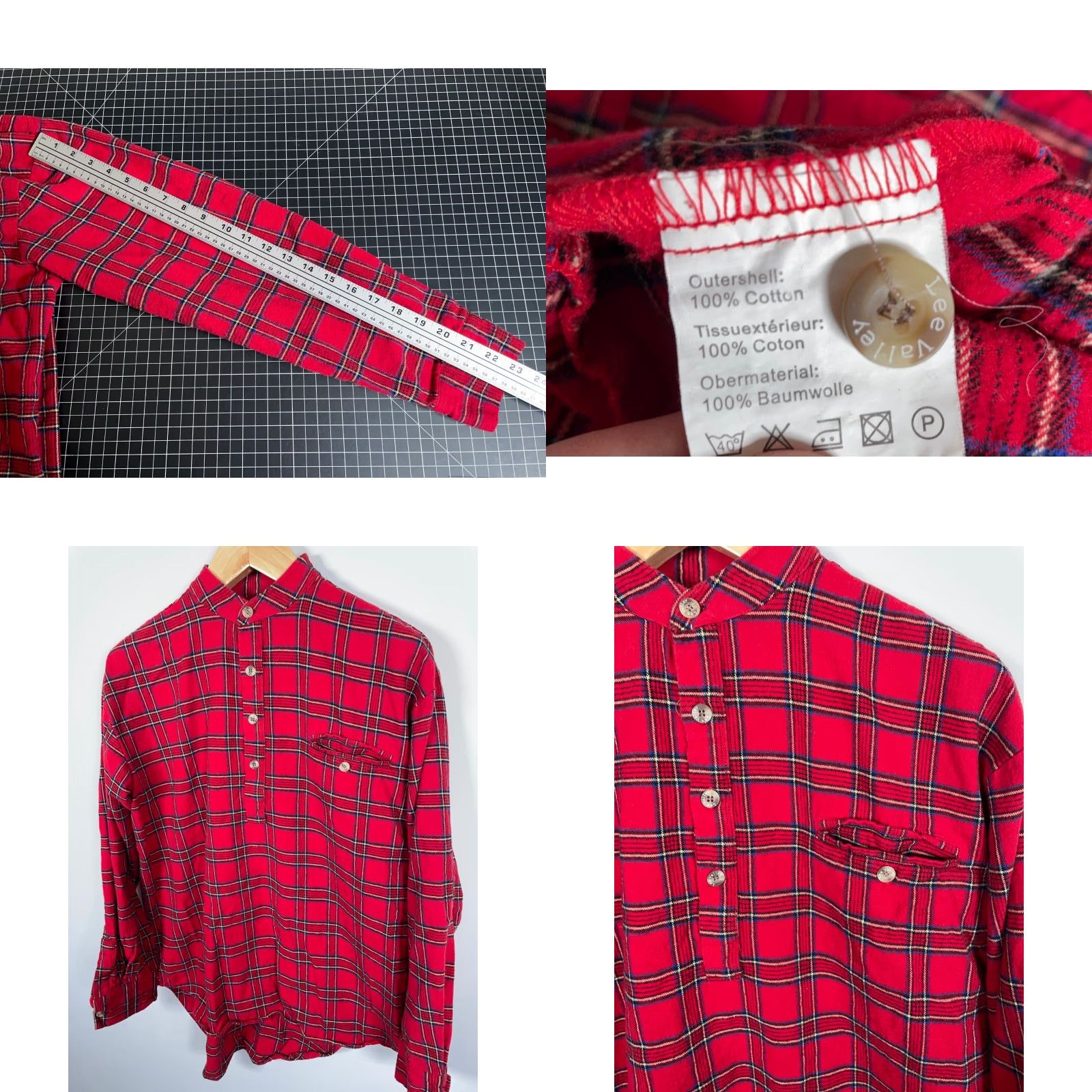 Lee VINTAGE Lee Valley Ireland Shirt Band Collar Men's Large Red Plaid Flannel Grandfather Button-Up Size US L / EU 52-54 / 3 - 8 Thumbnail