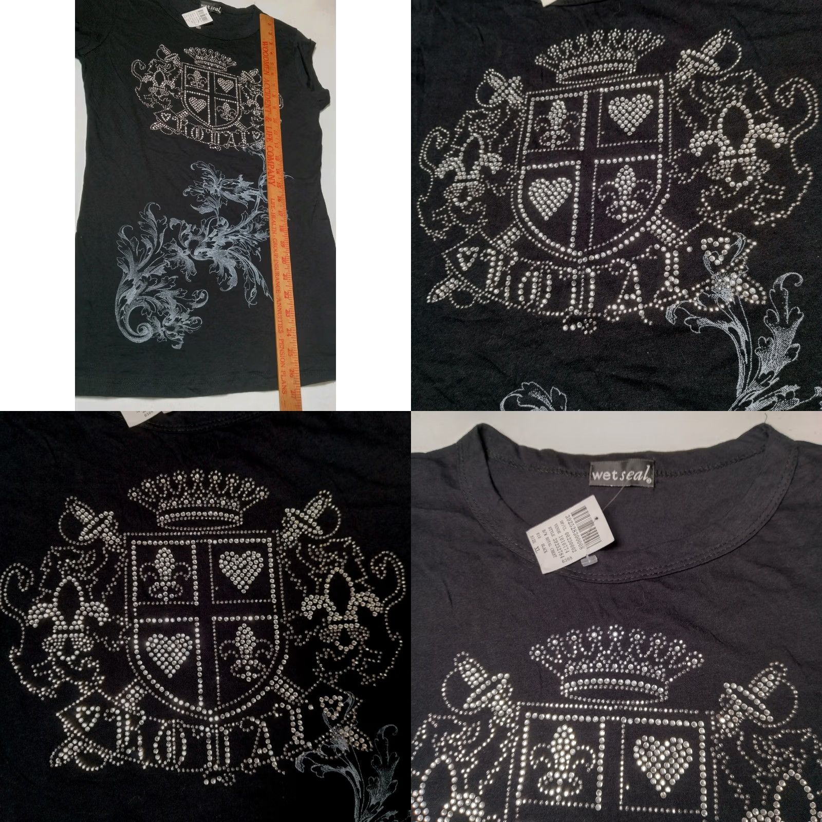 Vintage VINTAGE Wet Seal Shirt Juniors XL Slim Fit Black Cap Sleeve Rhinestones Bling Royal Crest Queen Y2K 90s? Read Size XL / US 12-14 / IT 48-50 - 8 Thumbnail