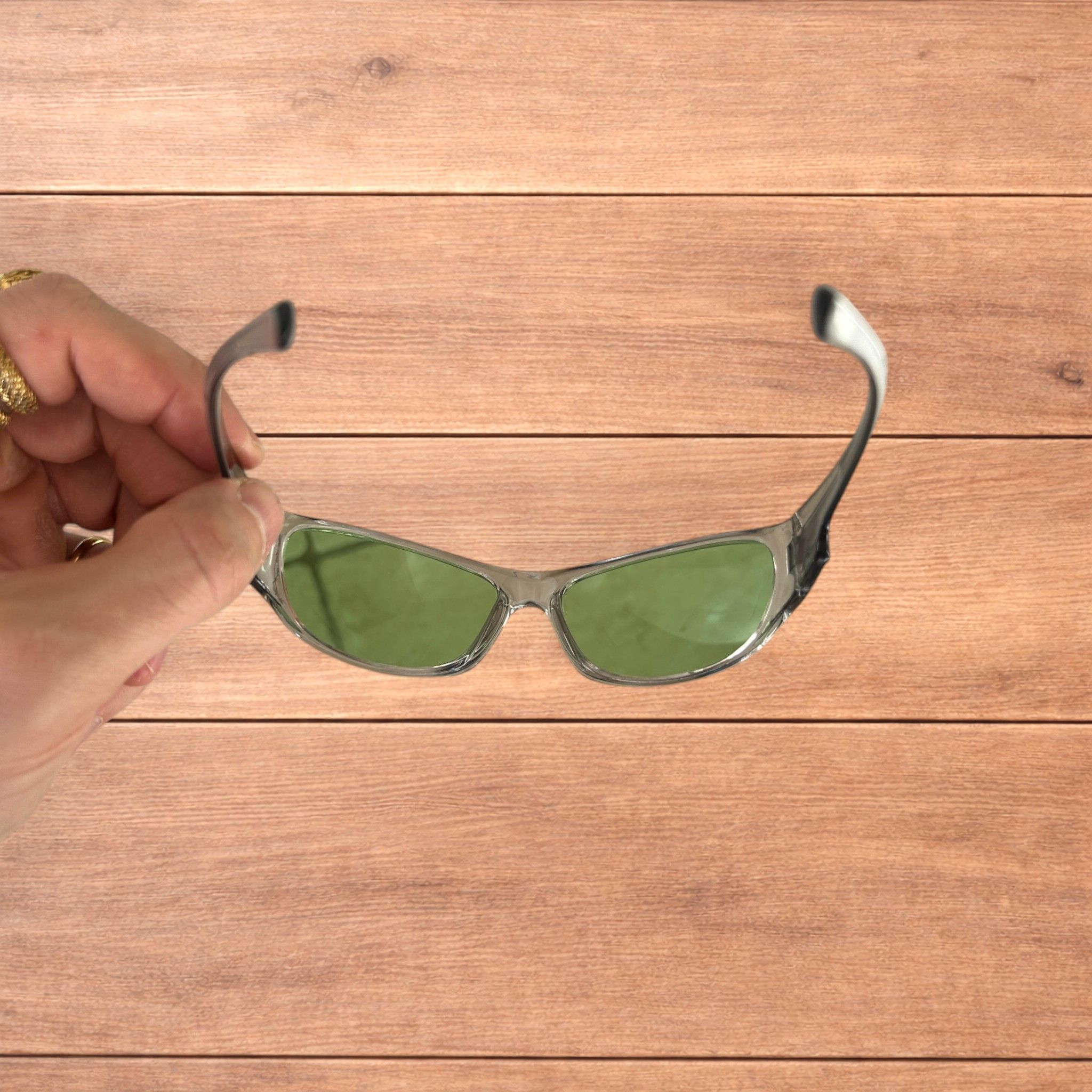 Japanese Brand Cool reflective wrap sunglasses in silver with green lens. Size ONE SIZE - 5 Thumbnail