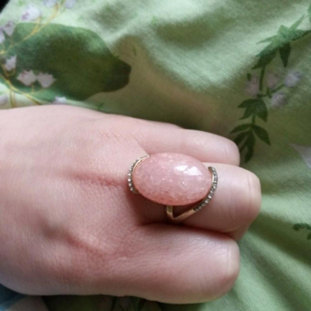 Designer Big Oval Pink Epoxy Mosaic Antique Gold Vintage Ring Size ONE SIZE - 4 Thumbnail