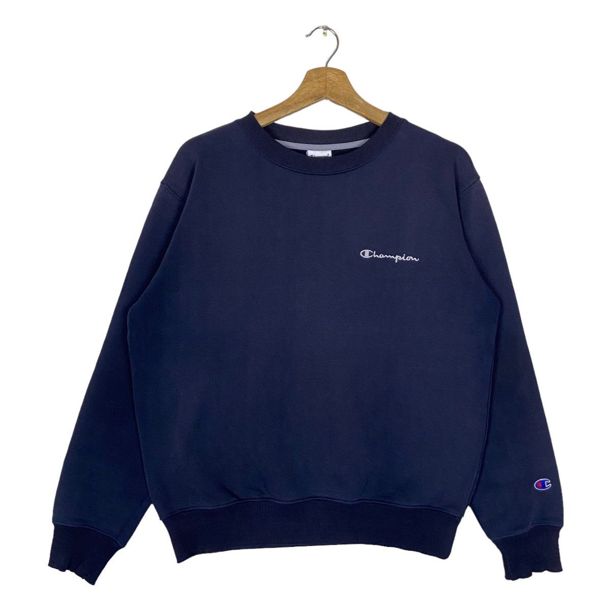 image of Vintage Champion Mini Logo Pullover Jumper Sweatshirt in Navy, Men's (Size Large)