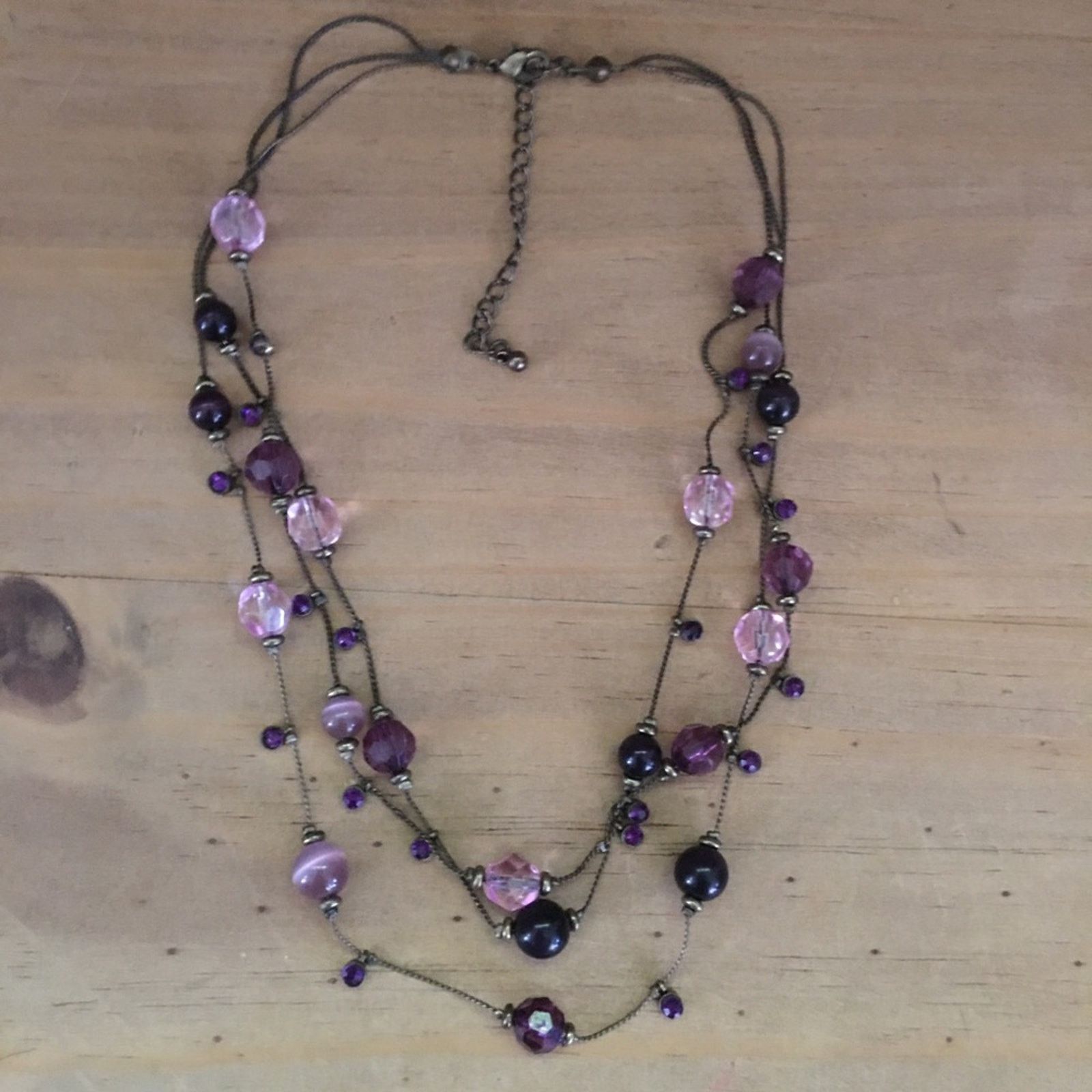 Jewelry Elegant triple strand purple tone glass bead stone necklace Size ONE SIZE - 5 Thumbnail