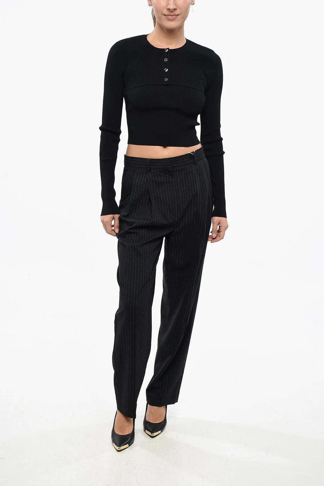 Alexander Wang og1mm0426 Ribbed Crop Cardigan in Black Size M / US 6-8 / IT 42-44 - 4 Thumbnail