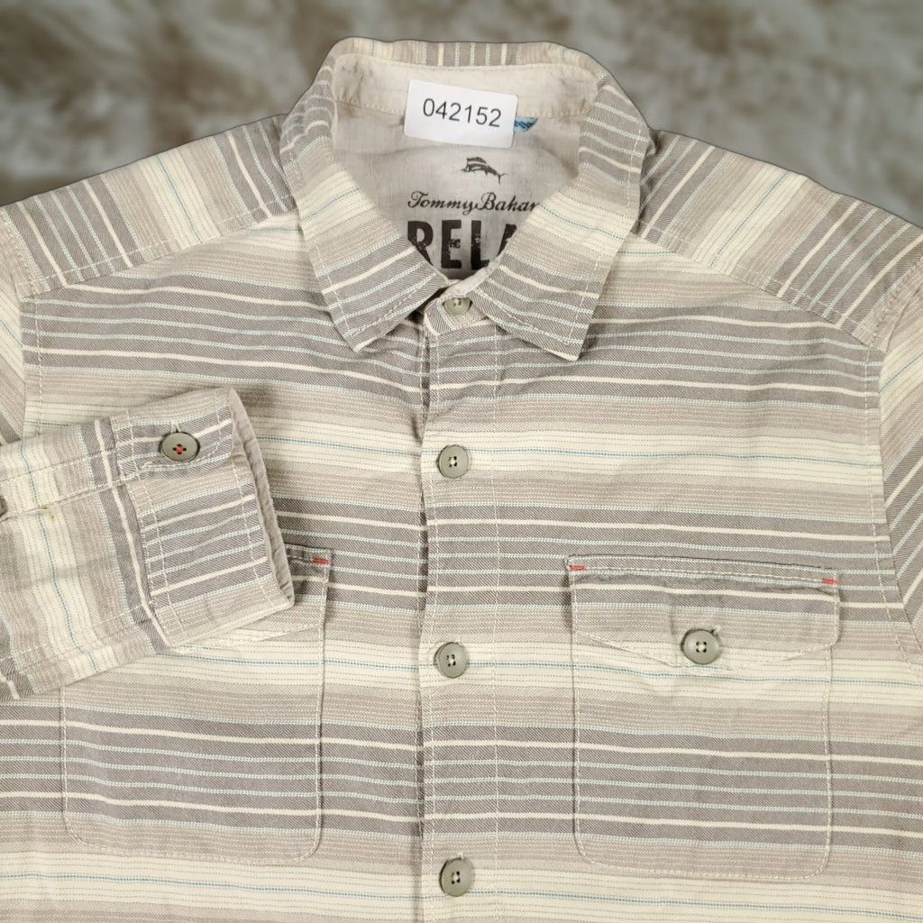 Tommy Bahama Tommy Bahama Shirt Mens Small Beige Striped Cotton Button Up Long Sleeve - Casual, Classic, Beach, Tropical Mens Shirt Size US S / EU 44-46 / 1 - 1 Thumbnail