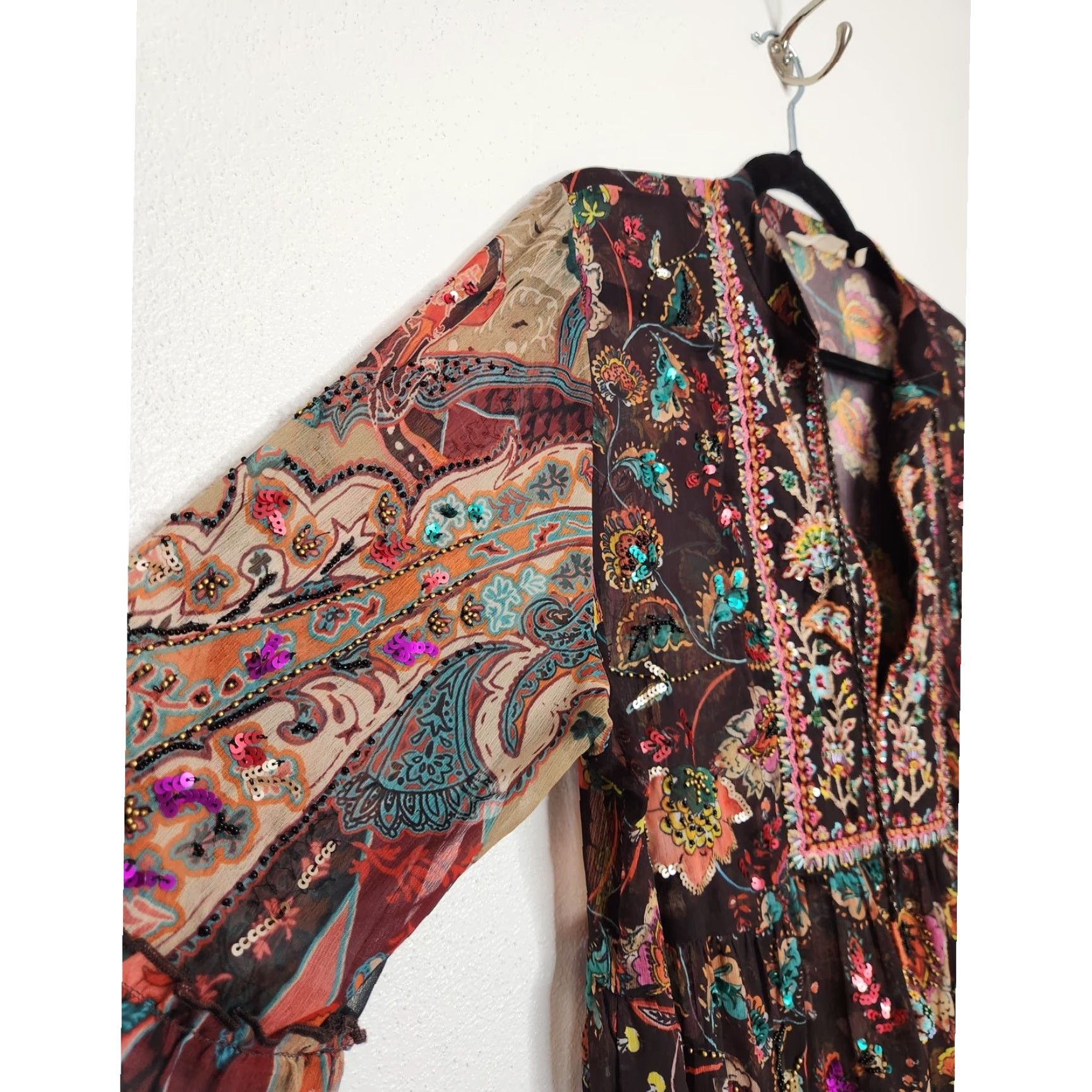 Soft Surroundings Soft Surroundings Shirt Women L Multicolor Boho Beaded Sequence Embroidered Sheer Oversized Flowy Blouse Size L / US 10 / IT 46 - 3 Thumbnail