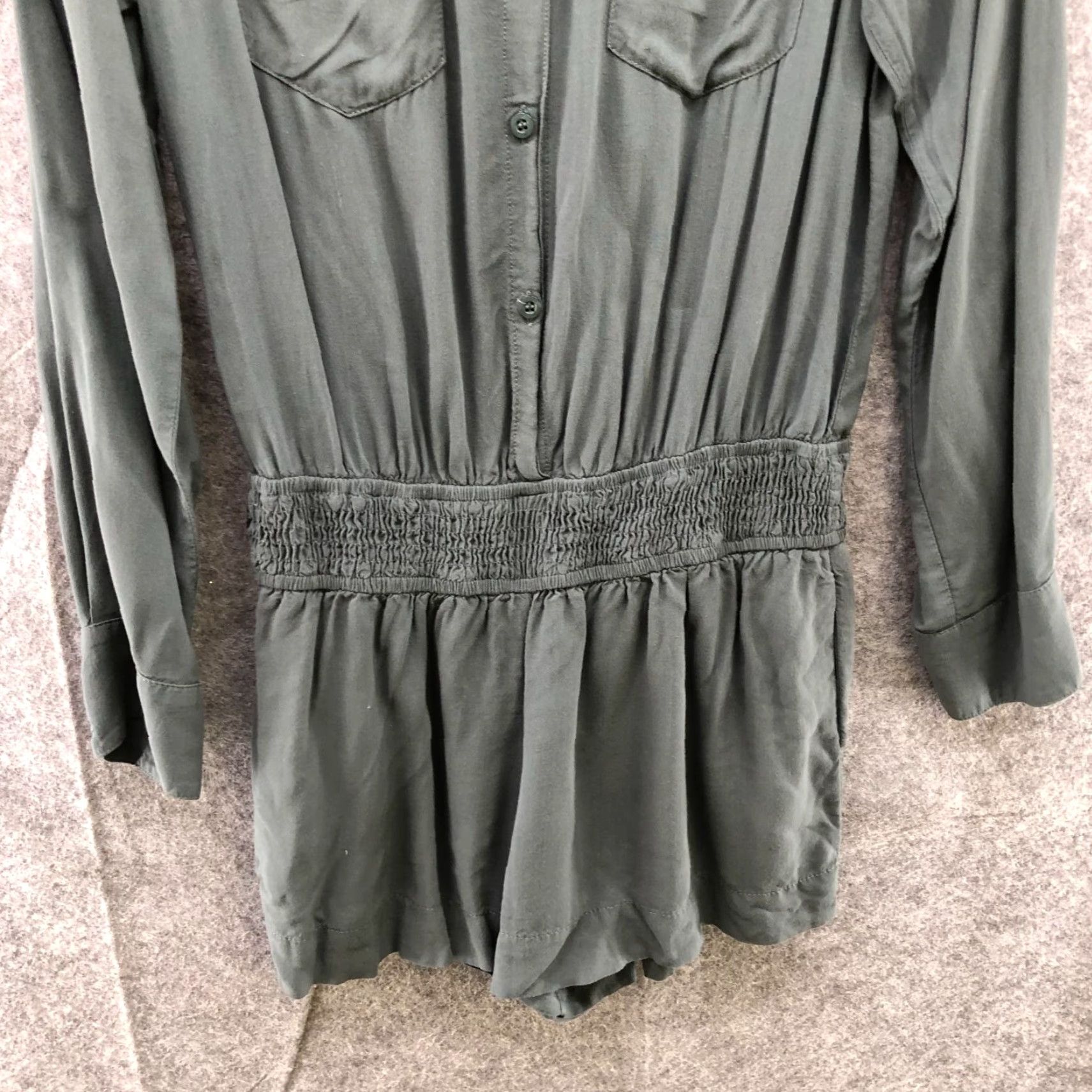 BCBGeneration VINTAGE BCBGeneration Romper Women's S Long Sleeve Collared Button Front Bohemian Green Rayon Utility Spring Summer Size S / US 4 / IT 40 - 4 Thumbnail