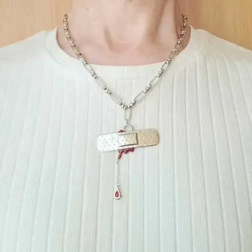 Jewelry × Vintage Punk Silver Bleeding Heart Band-aid Necklace Size ONE SIZE - 1 Thumbnail