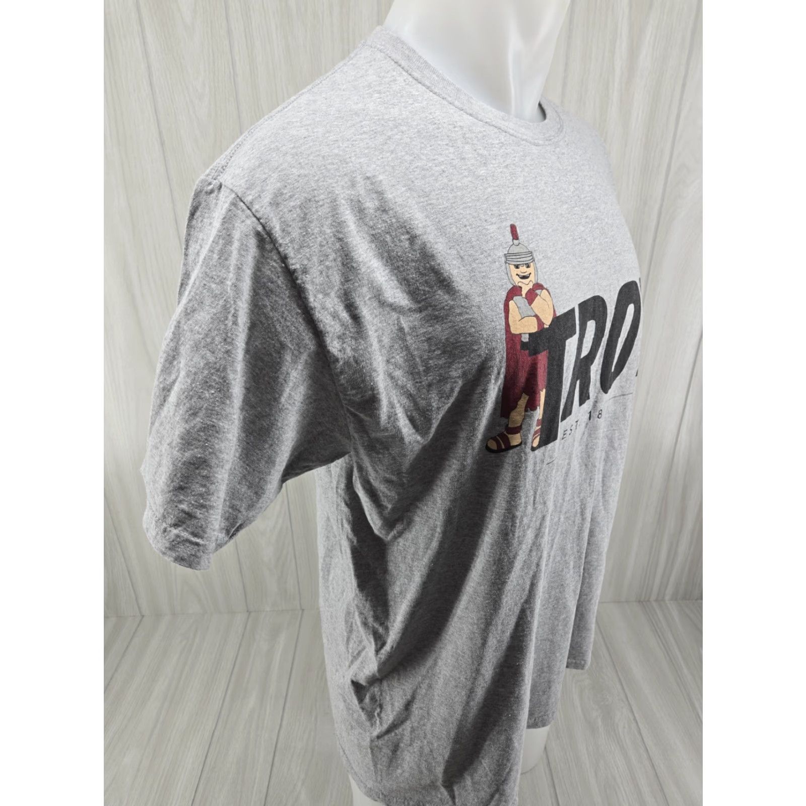 Fruit Of The Loom Troy University Trojans TU Cotton T Shirt Size Large Mens Gray Script Tee 30" Down Back Regular Fit Short Sleeve Size US L / EU 52-54 / 3 - 6 Thumbnail