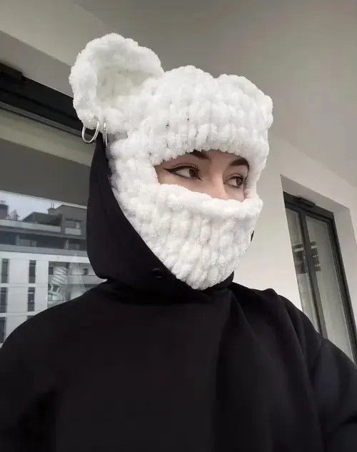 Japanese Brand Dear Balaclava . Knitted ski mask with ears. White face mask Size ONE SIZE - 1 Thumbnail