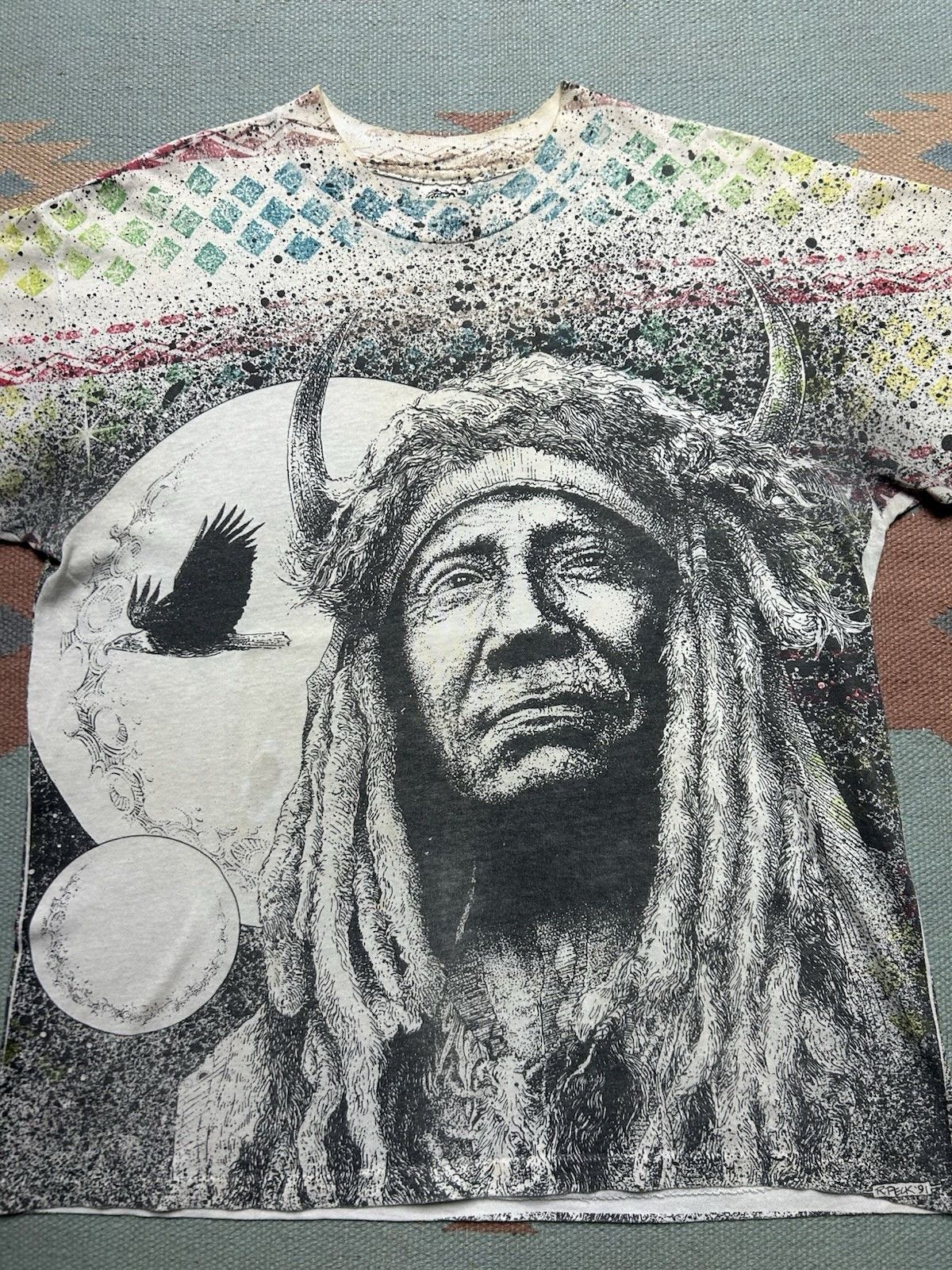 Vintage VTG 90s all over print t shirt Native American eagle AOP L Size US L / EU 52-54 / 3 - 2 Thumbnail