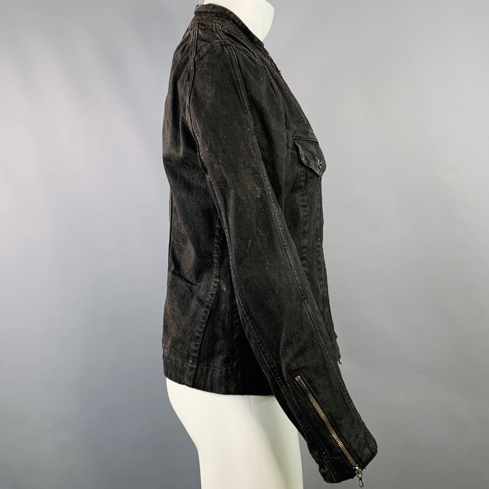 JULIUS_7 Size S Black Distressed Cotton Fitted Zip Up Jacket