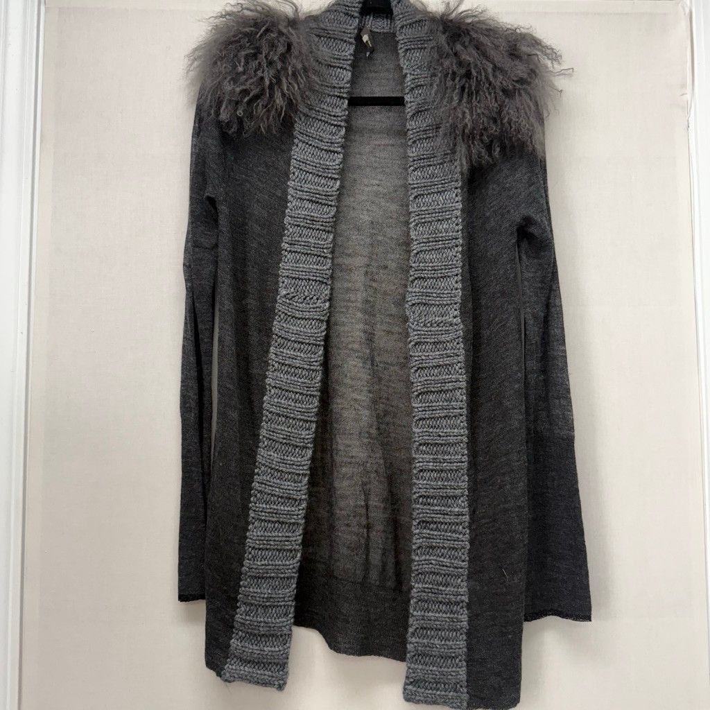 Vera Wang Women's Vera Wang Gray Fur Trim Cardigan Sweater Size L Size L / US 10 / IT 46 - 1 Thumbnail