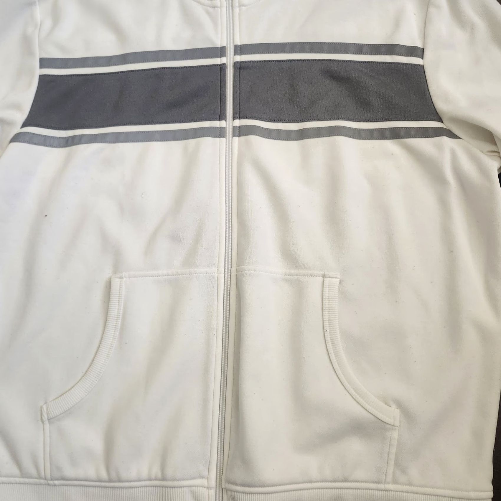 Express Express Mens White Full Zip Track Jacket Gray Stripe XL Adults Regular Size Jacket Womens Mens? Size US XL / EU 56 / 4 - 6 Thumbnail