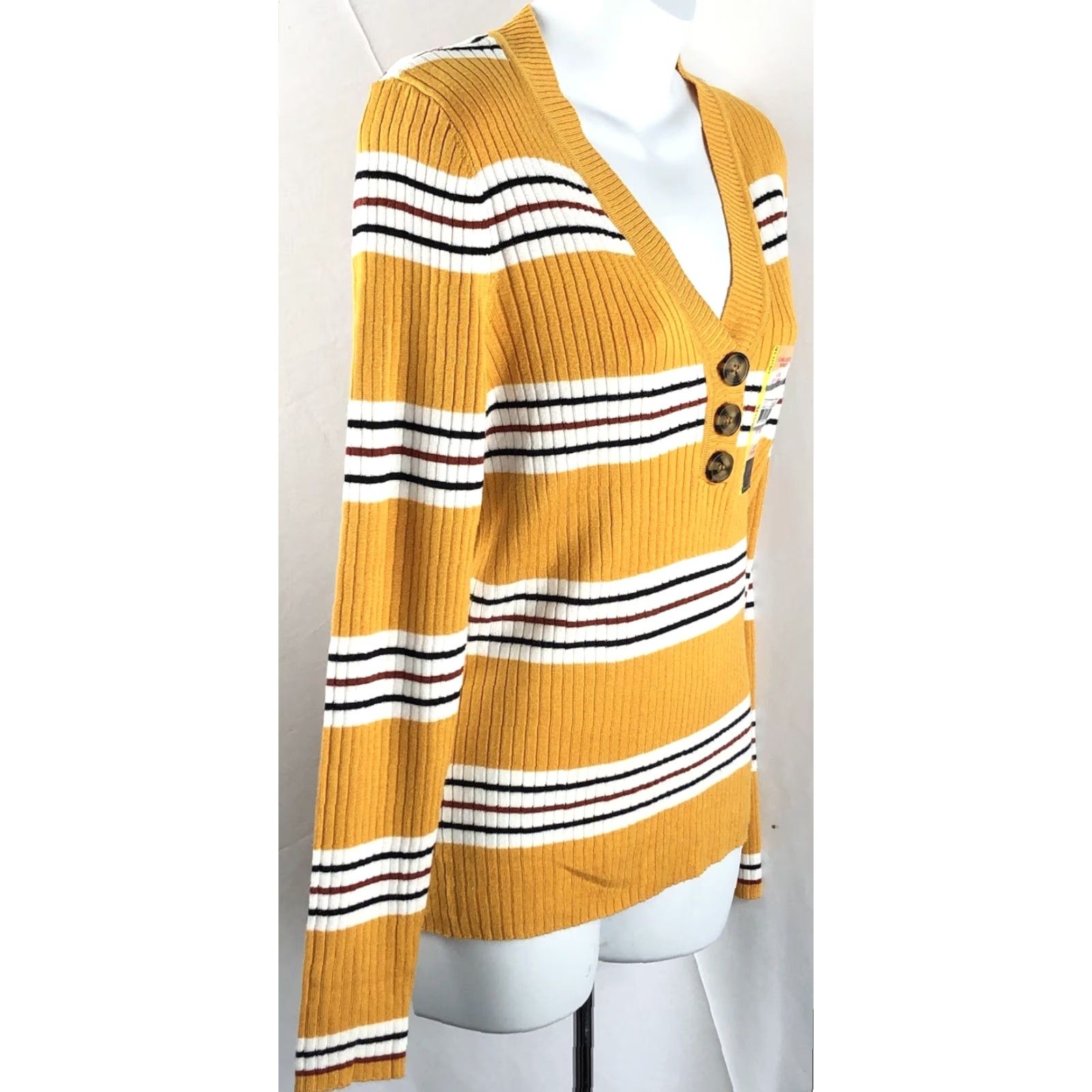 Vintage NWT Henley Sweater Top L Juniors Gold Stripe 3 Button V-Neck Long Sleeve Boho Preppy City College Grunge Hipster Womens Size L / US 10 / IT 46 - 2 Thumbnail