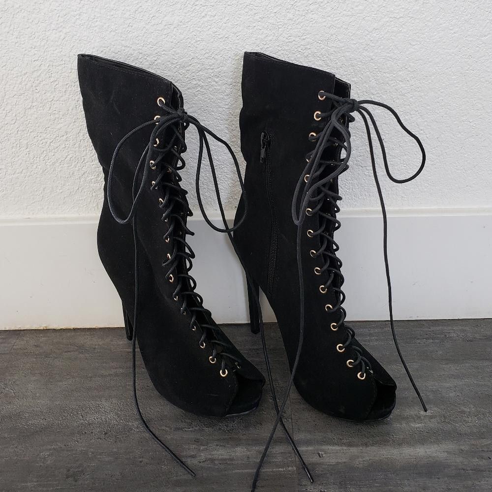 Designer Black Laced Up Suede Glaze Heeled Boot Size US 8 / IT 38 - 2 Thumbnail
