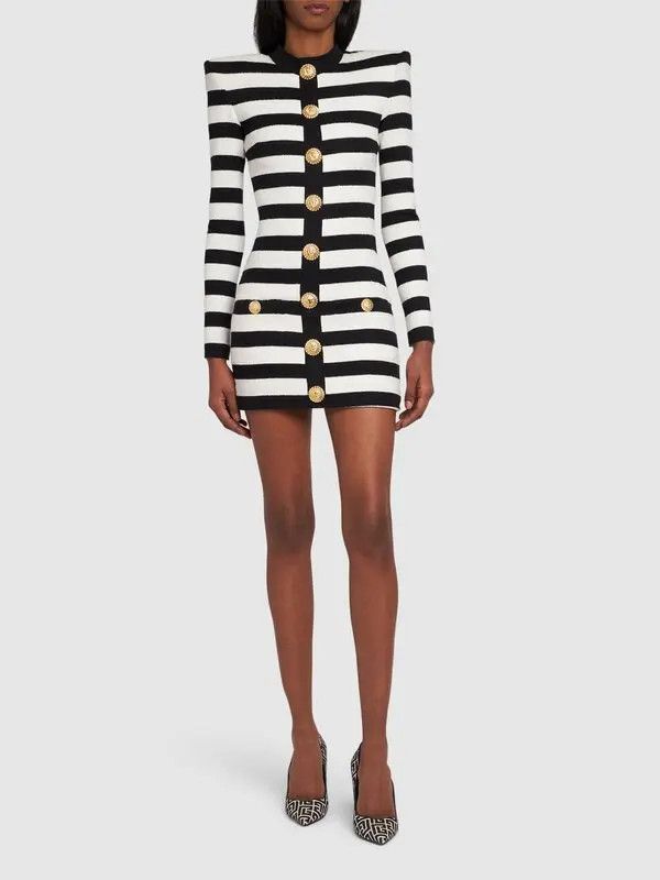 Balmain o1s1wg110725 Striped Cotton Blend Mini Dress in Black/White Size M / US 6-8 / IT 42-44 - 2 Thumbnail