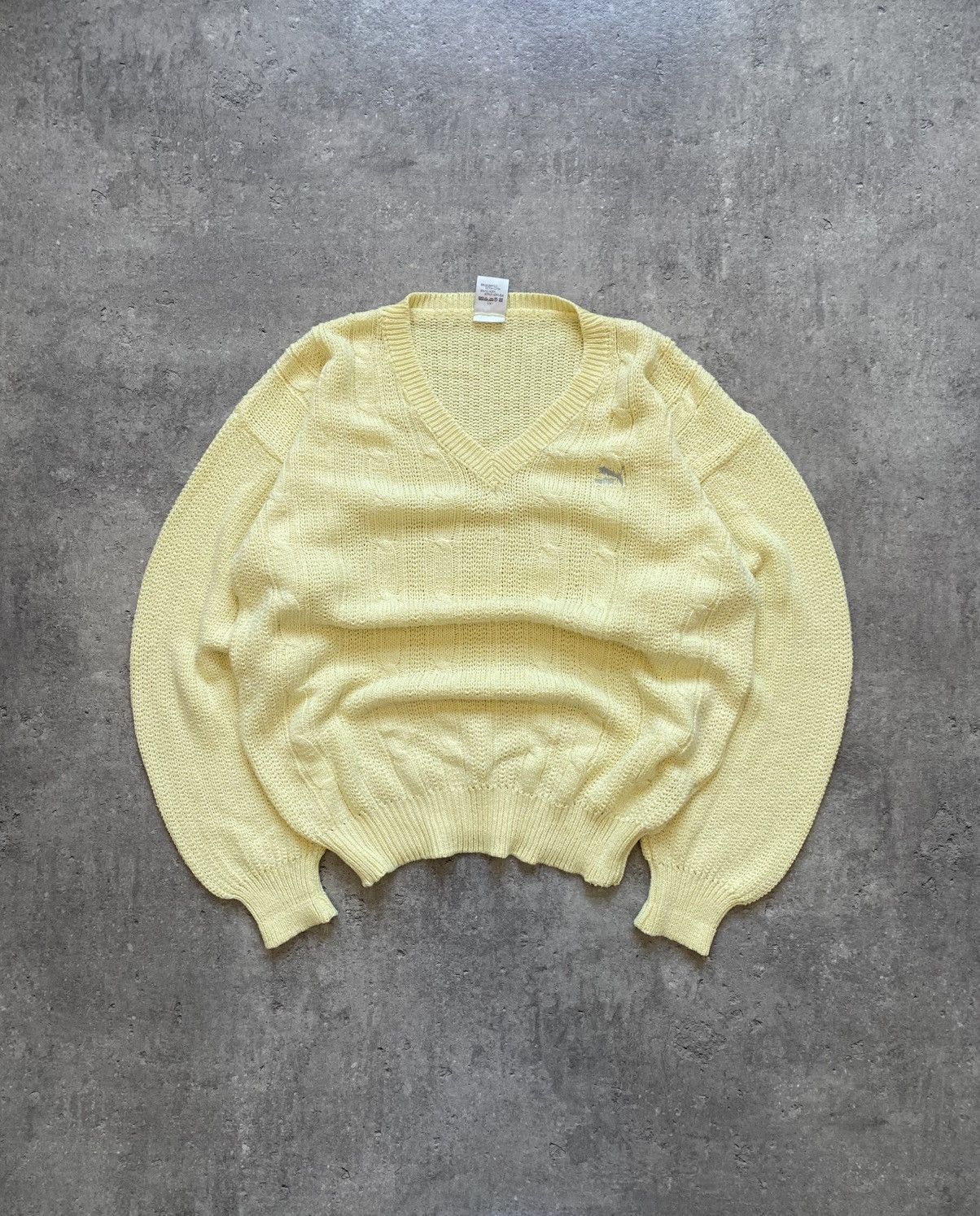 Puma × Vintage Vintage 90’s Puma Speed Cat Lemon Yellow Oversize Sweater V Size US L / EU 52-54 / 3 - 1 Thumbnail