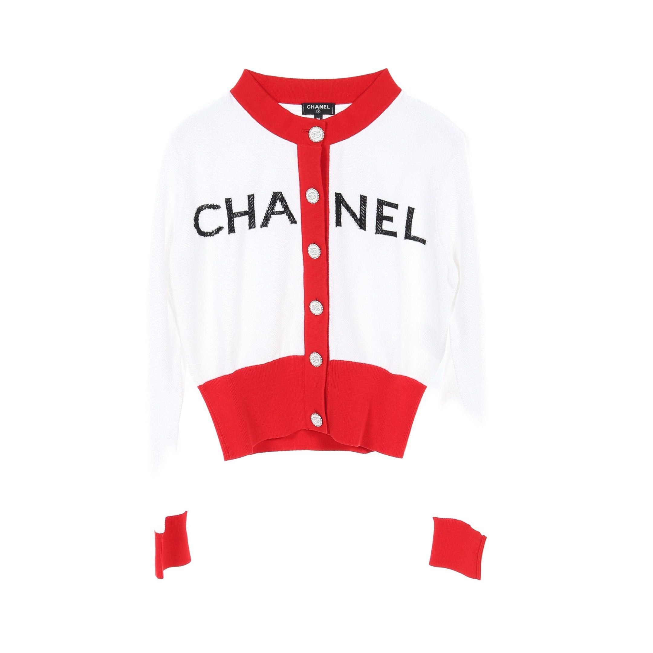Chanel Chanel Logo Cocomark Button Cardigan Crew Neck Cotton White Red Black Size ONE SIZE - 1 Thumbnail