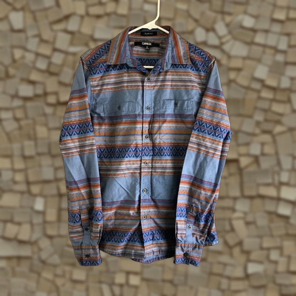 Carbon Carbon Mens Small Slim Fit Long Sleeve Western Look Blue Long Sleeve Spread Collar Shirt Size US S / EU 44-46 / 1 - 1 Thumbnail