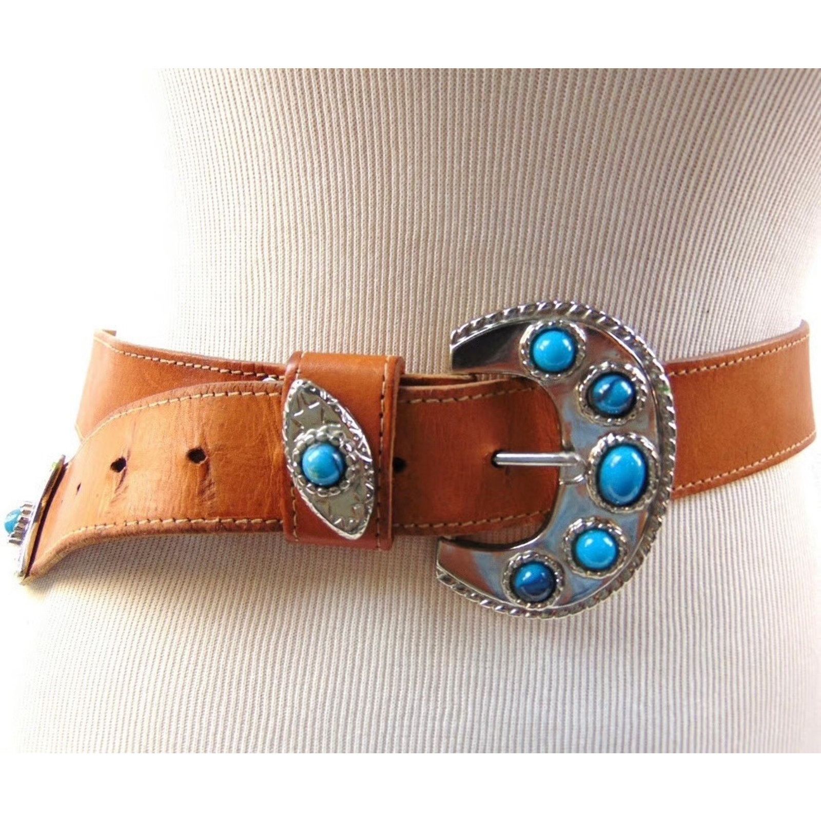 VTG Forenza Brown Leather Western Belt Silver Hardware Turquoise Bead M TURQUOISE STUDDED COWBOY BELT - Brown – Forward Supply Co main image 3