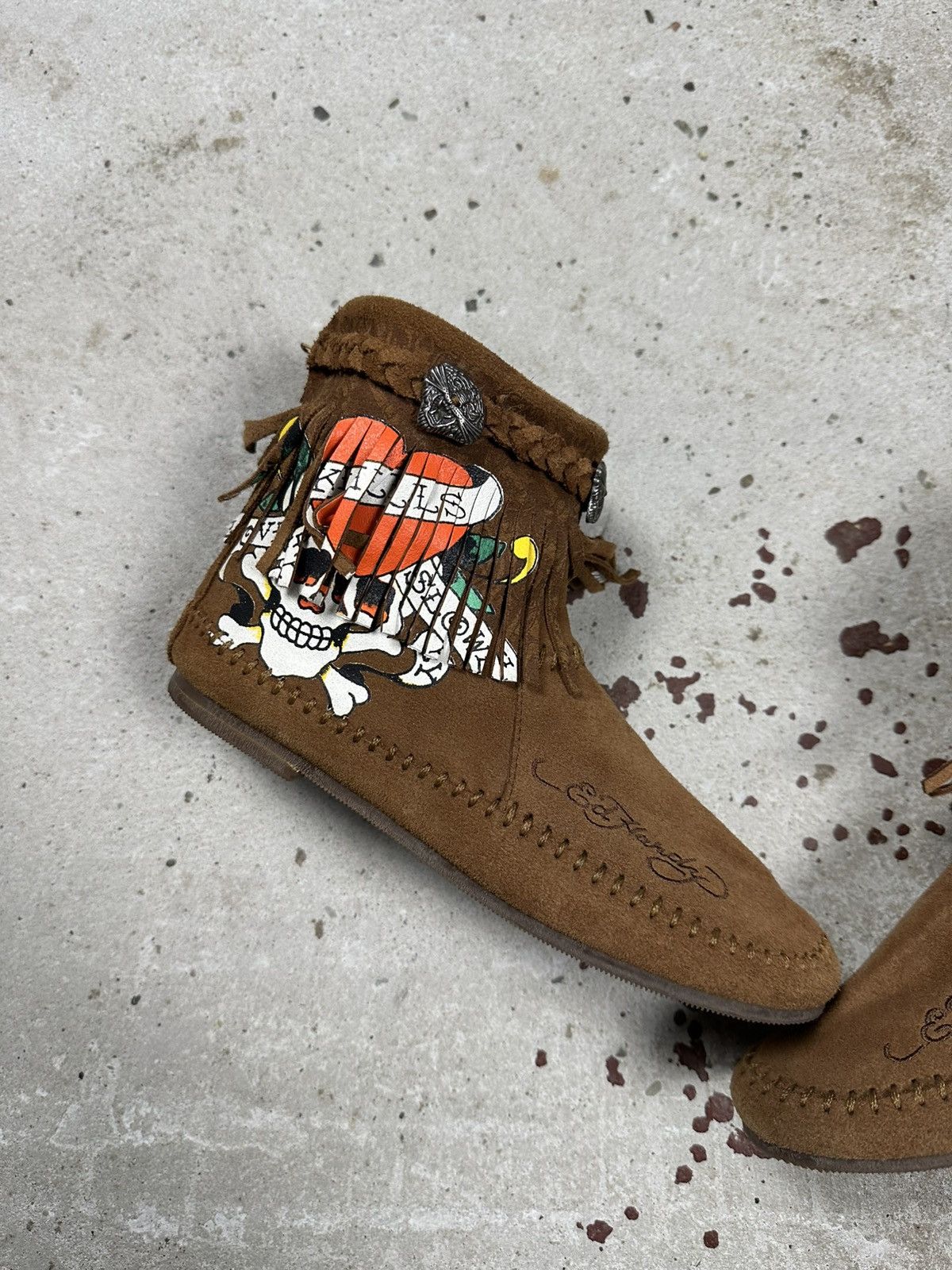 Christian Audigier × Ed Hardy × Vintage Vintage Y2K Ed Hardy Brown Suede Skull Fringe Moccasins Size US 6 / IT 36 - 2 Thumbnail