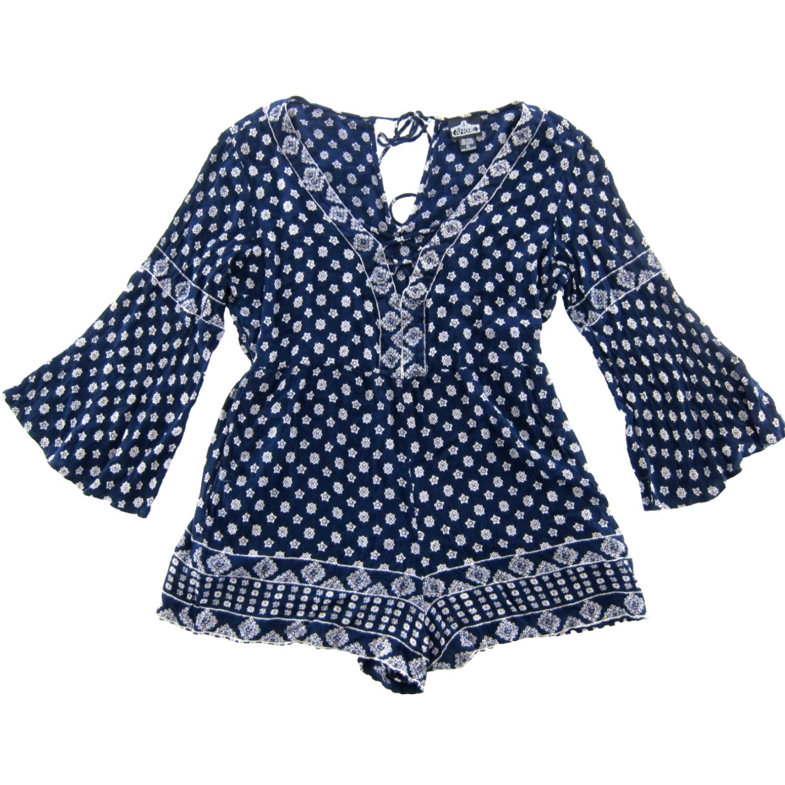 Vintage ANGIE 100% Rayon Blue White Paisley Romper Long Sleeve Flare Sleeve Shorts Large Size L / US 10 / IT 46 - 2 Thumbnail