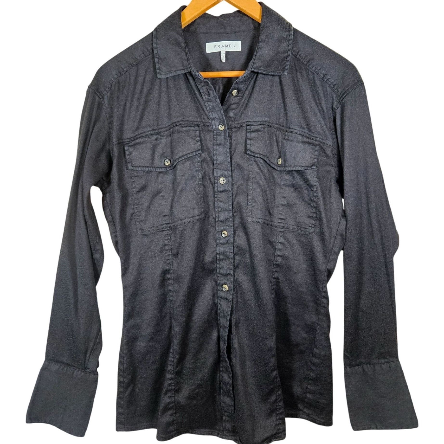 Frame Frame Women’s Charcoal Button-Up Shirt Med Model Off-Duty In Size M / US 6-8 / IT 42-44 - 2 Thumbnail