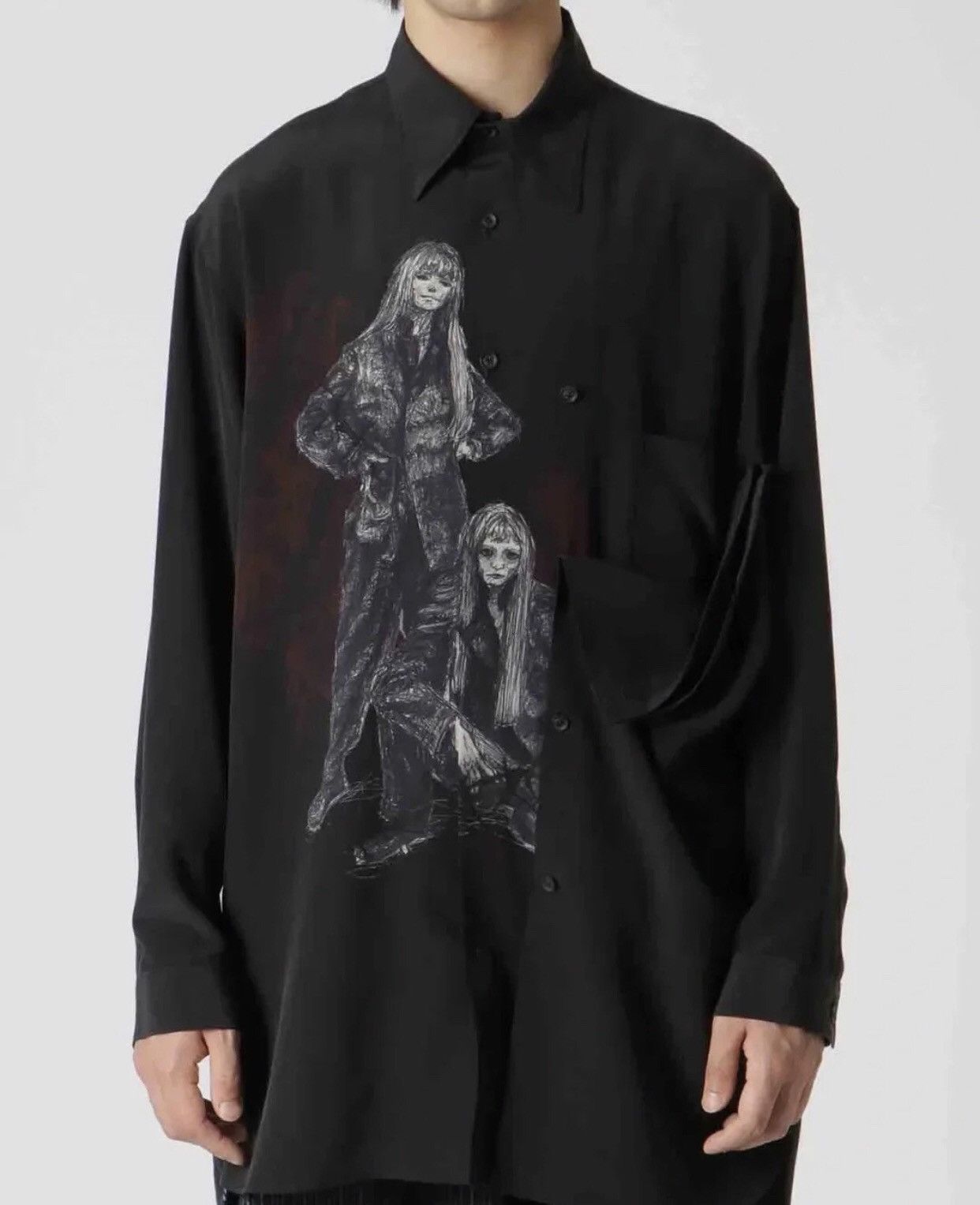 Yohji Yamamoto Yohji Yamamoto Black Girl Portrait Silk Long Shirt 2412- Size US L / EU 52-54 / 3 - 3 Thumbnail
