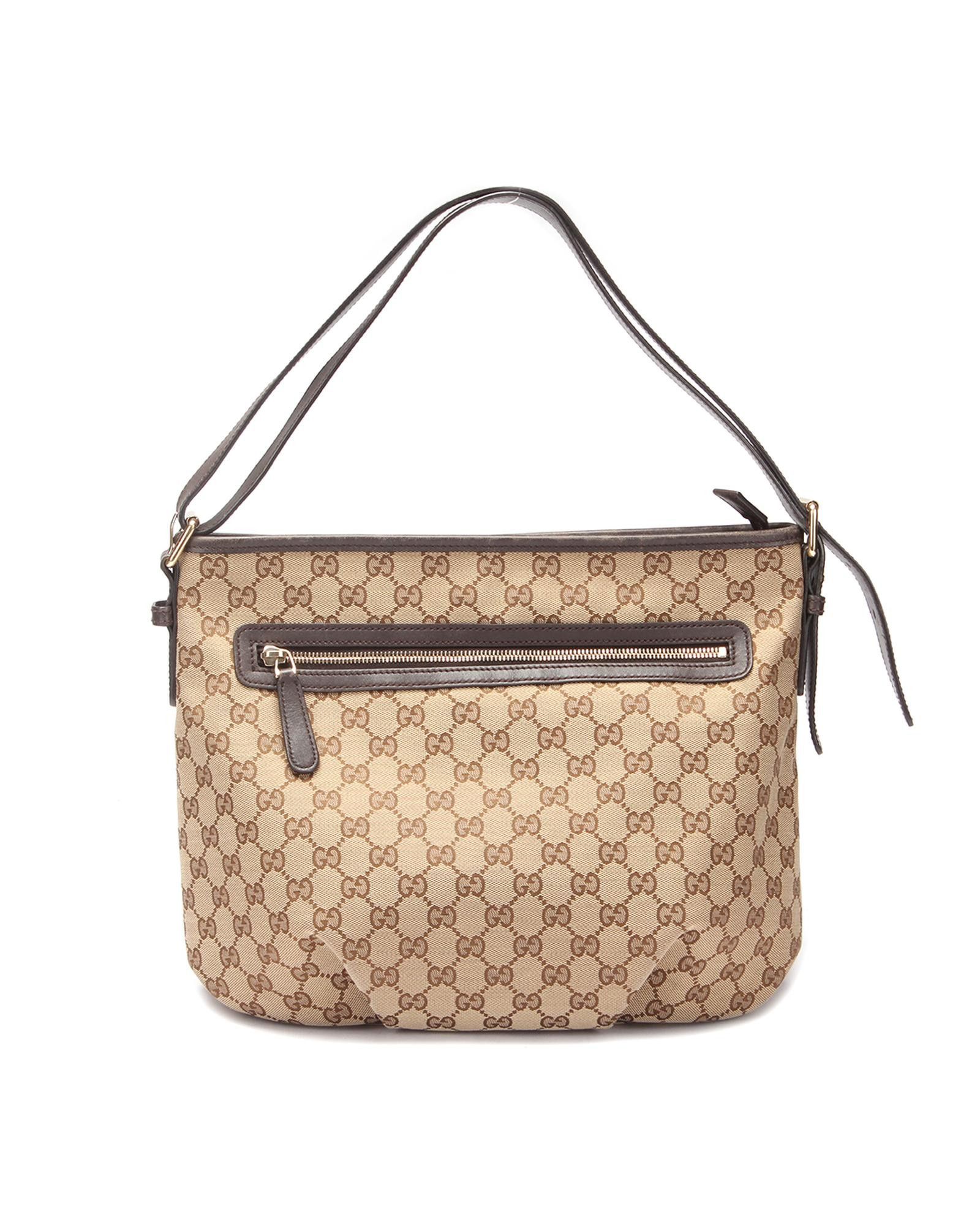 image of Gucci Brown Canvas Front Zip Shoulder Bag, Women's