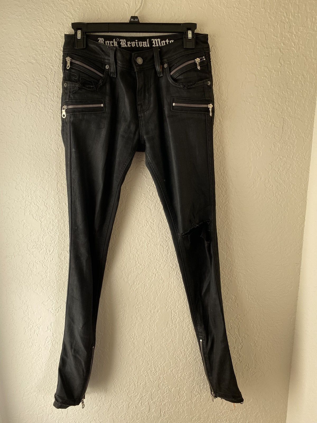 Mens black Rock Revival distressed Moto Skinny Jeans- Flared