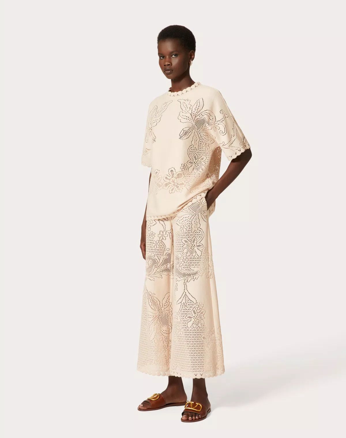 Valentino o1s1wg111125 Guipure Jardin Plat Trousers in Beige Size 28" / US 6 / IT 42 - 2 Thumbnail