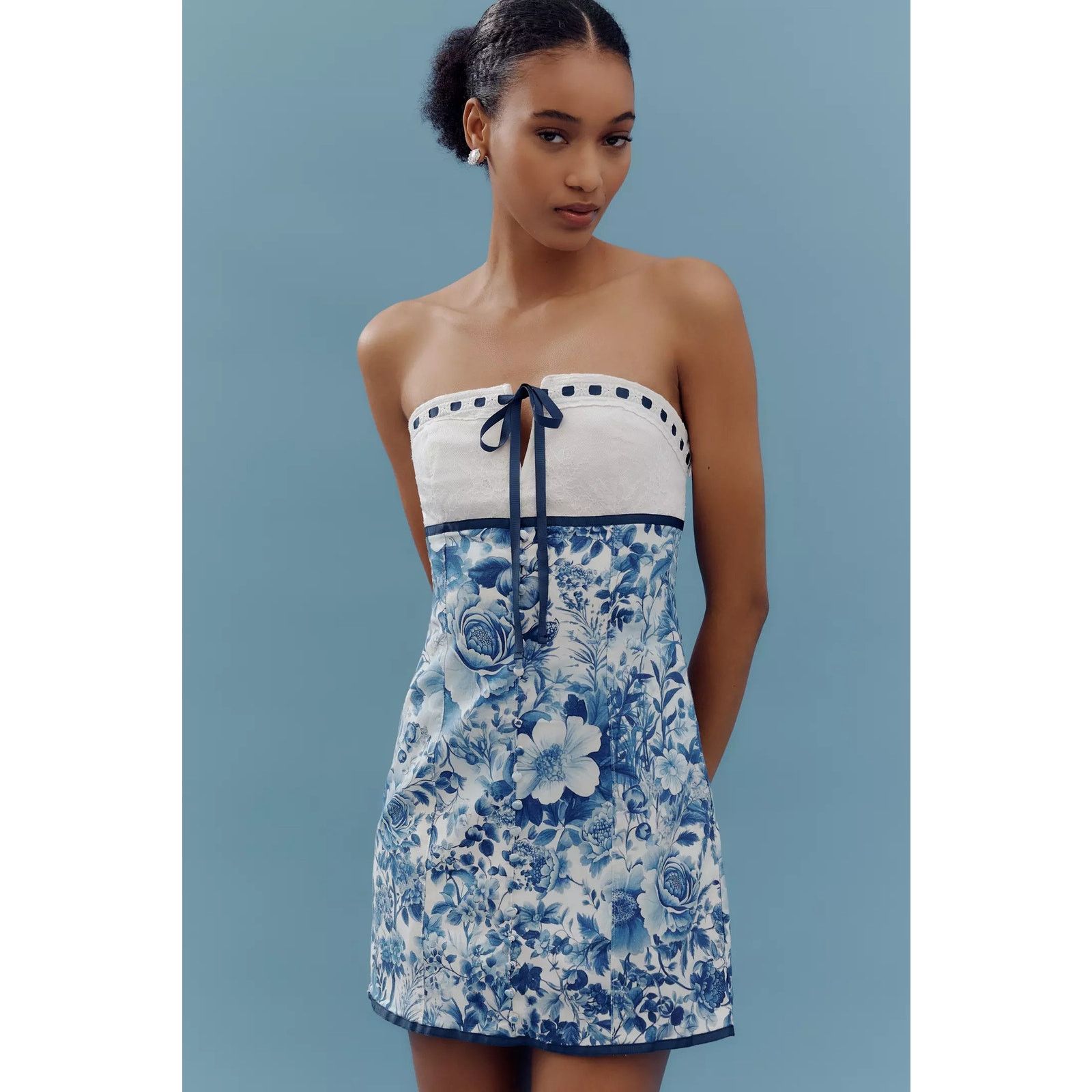 Anthropologie New Maeve Strapless Tie-Front Mini Dress $168 XL Blue Floral Size XL / US 12-14 / IT 48-50 - 2 Thumbnail