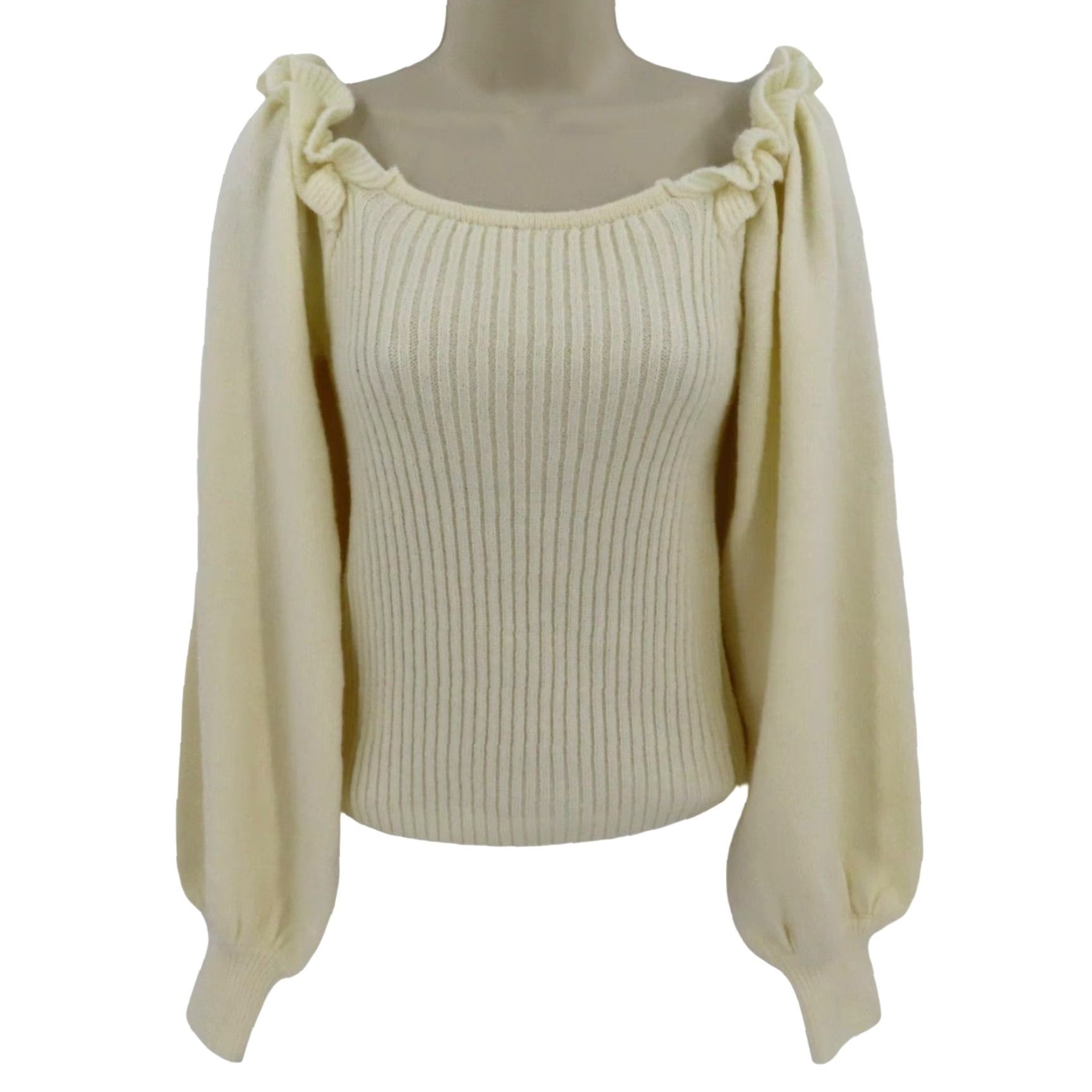 Vintage Lucca Women Small Cream Knit Off The Shoulder Ruffle Pullover Sweater Shirt Top Size S / US 4 / IT 40 - 2 Thumbnail