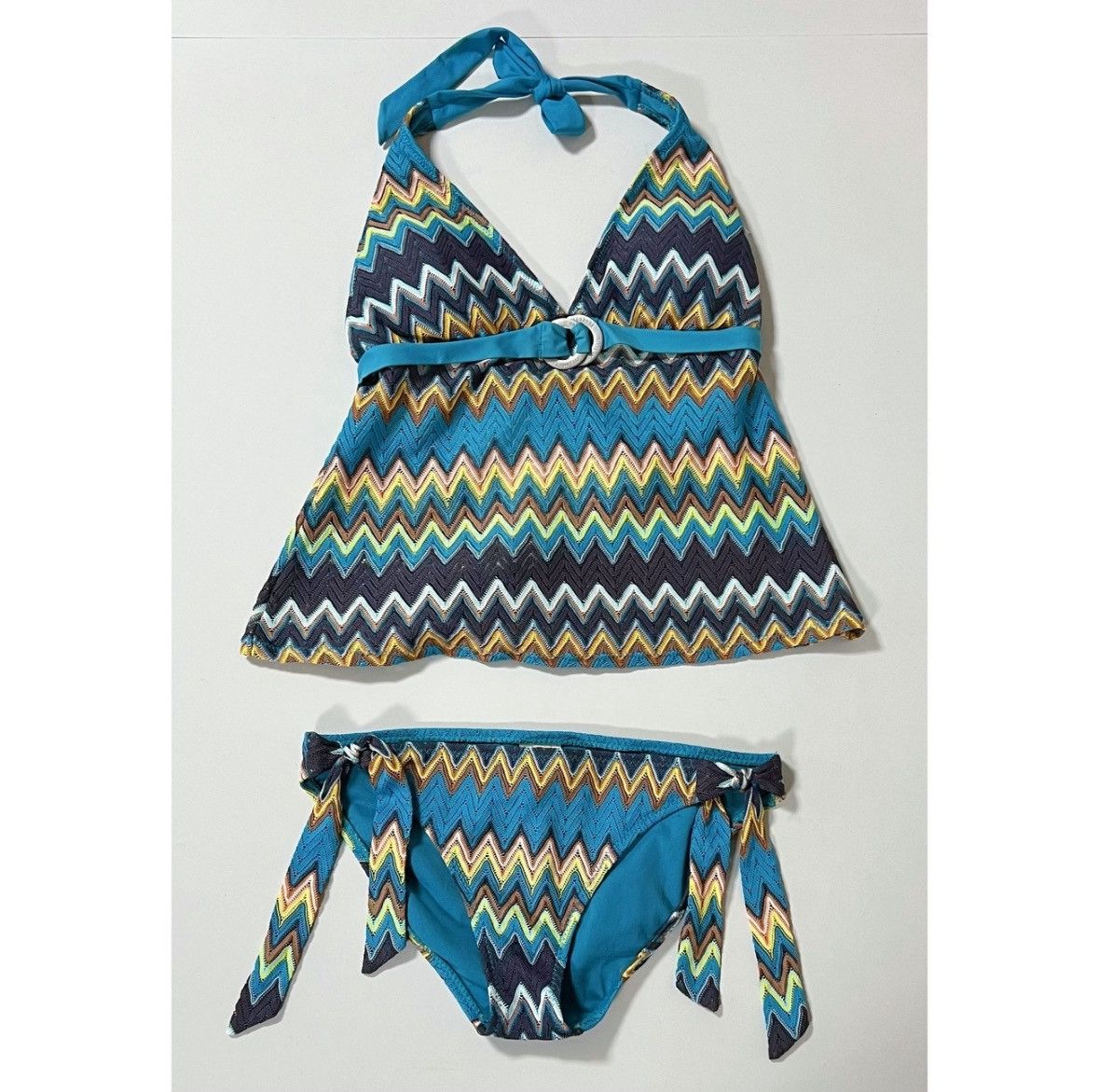 Perry Ellis Blue Zigzag Tankini Bikini Top and Bottoms Set Size M 🤎✨ Size M / US 6-8 / IT 42-44 - 2 Thumbnail