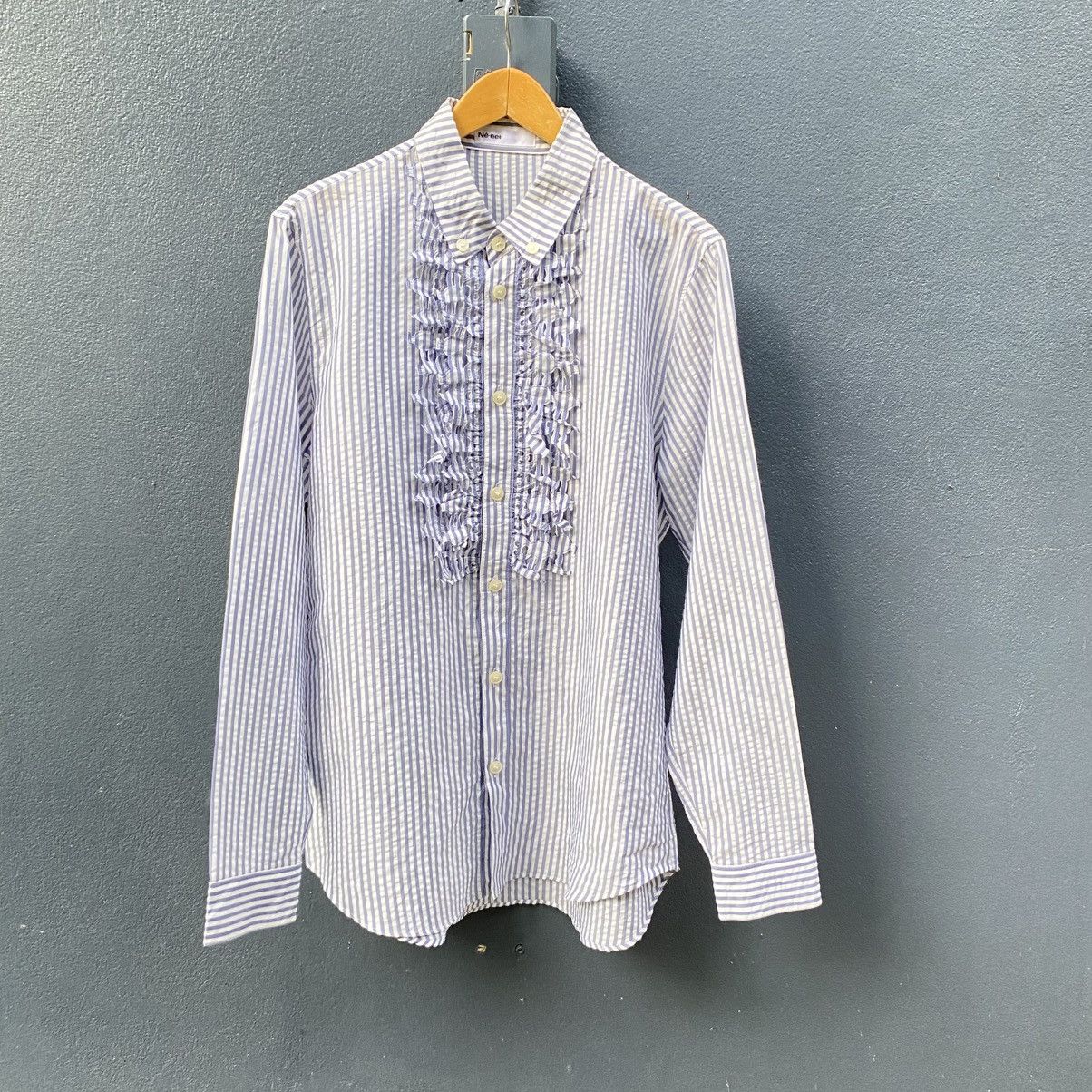 Ne-Net Ne-net Blue and White Striped Ruffle Front Shirt Size US L / EU 52-54 / 3 - 1 Thumbnail