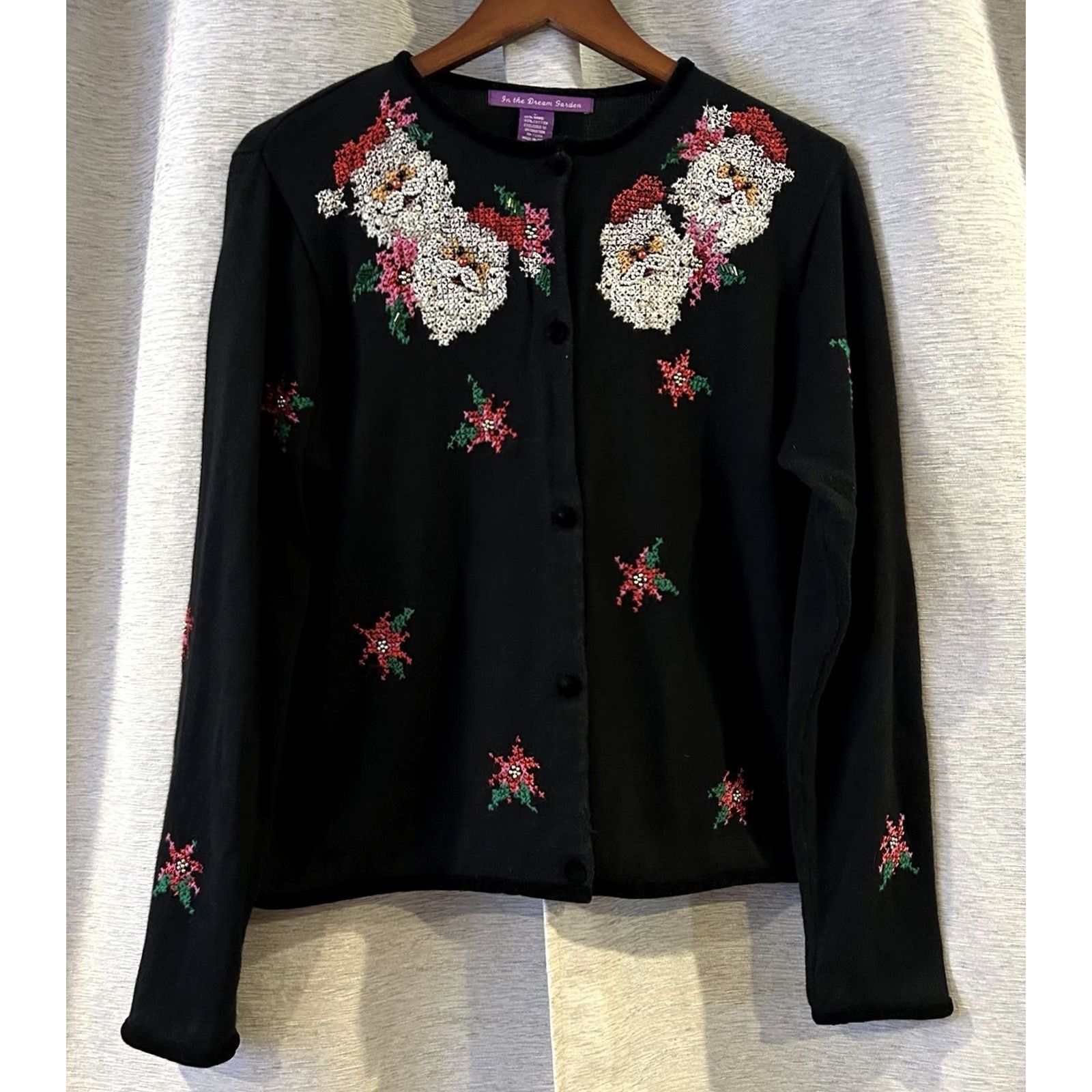 Vintage VINTAGE In The Dream Garden Santa Christmas Cardigan Women L Black Knit Cotton Blend Sweater Long Sleeve - Size L / US 10 / IT 46 - 2 Thumbnail
