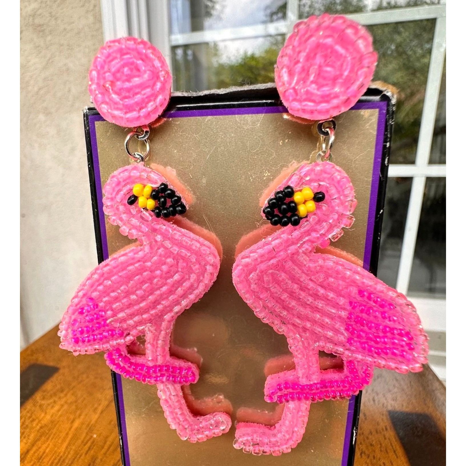 Handmade Flamingo Earrings Beaded Dangle Posts Pink Statement Jewelry Size ONE SIZE - 2 Thumbnail