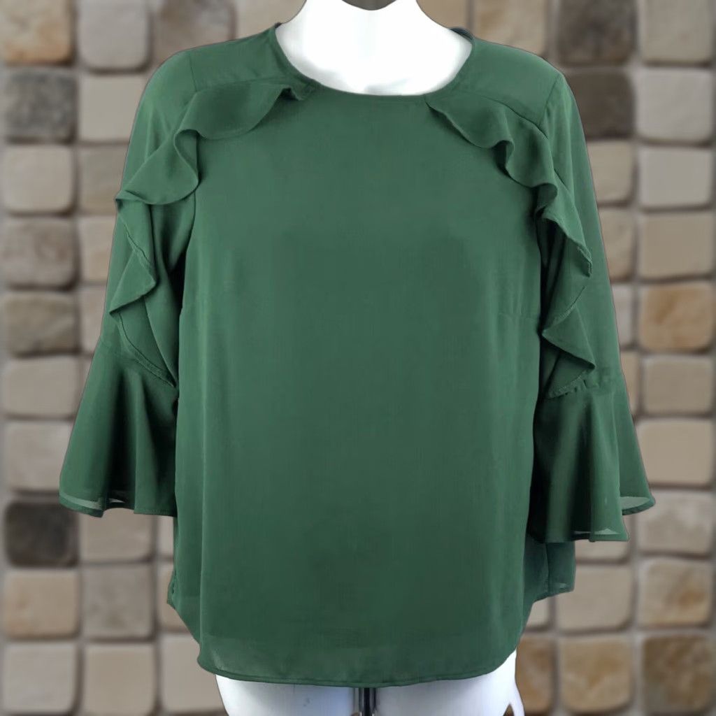 Vintage Monteau Chiffon Ruffles Top M Green 3/4 Flutter Sleeves Layered Boho Peasant Shirt Women Size M / US 6-8 / IT 42-44 - 1 Thumbnail