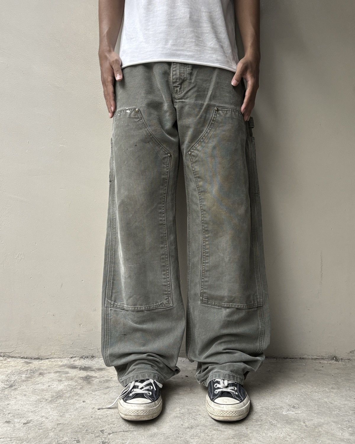 Carhartt Faded MOSS Green Carhartt Double Knee Pants Size US 33 - 1 Thumbnail