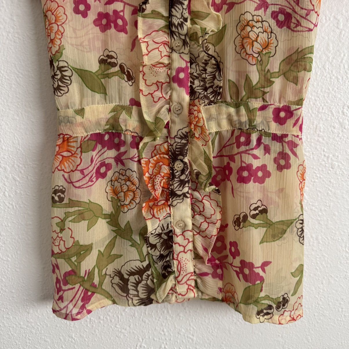 Other DE.CODED Y2K Yellow Floral Sheer Ruffle Button Up Top Size M / US 6-8 / IT 42-44 - 6 Thumbnail