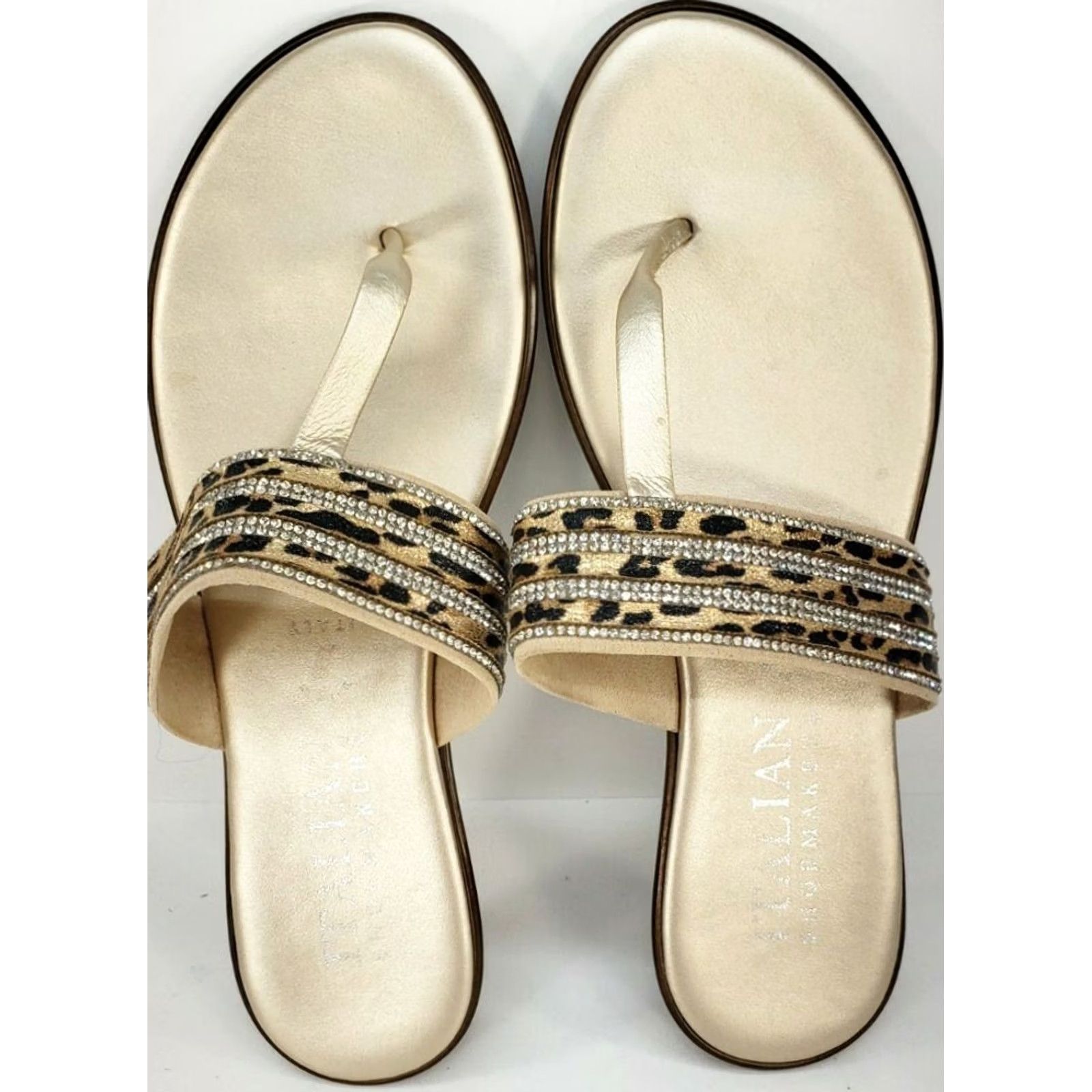Vintage Italian Shoemakers Sandal Women's 8.5 Gold Toe Post Sandal Crossover Rhinestone Jaguar Pattern White Gold? Size US 9 / IT 39 - 6 Thumbnail