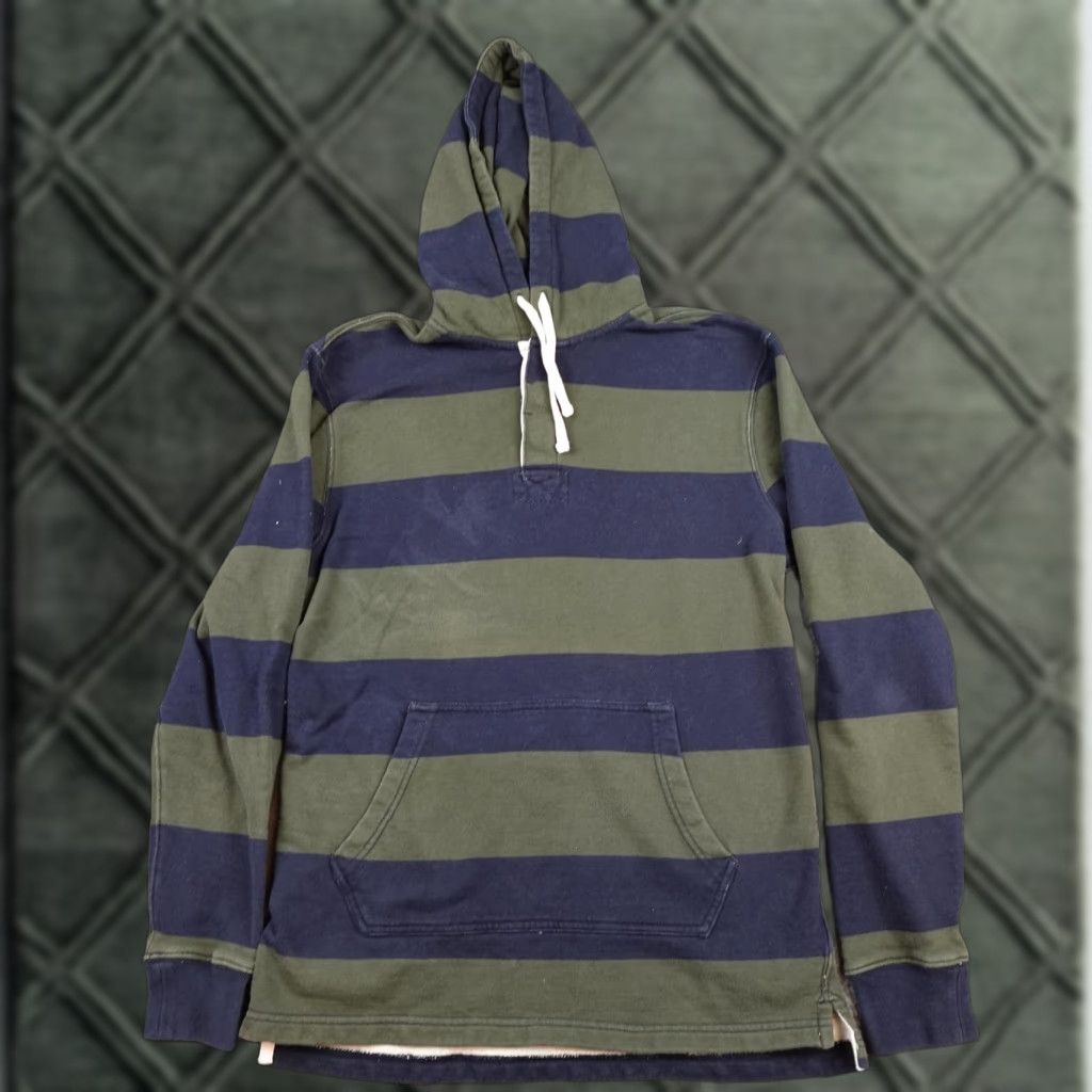 J.Crew VINTAGE J.Crew Hoodie Mens MT Green Navy Striped Fleece Sweatshirt Crew Neck Hooded Pockets Long Sleeve Pullover Size US M / EU 48-50 / 2 - 1 Thumbnail